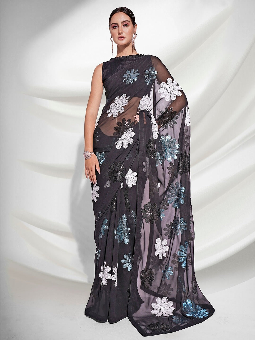 Beautiful Black Flower Pattern Sequin Work And Embroidery Work With Back Patch Piping Saree For Women