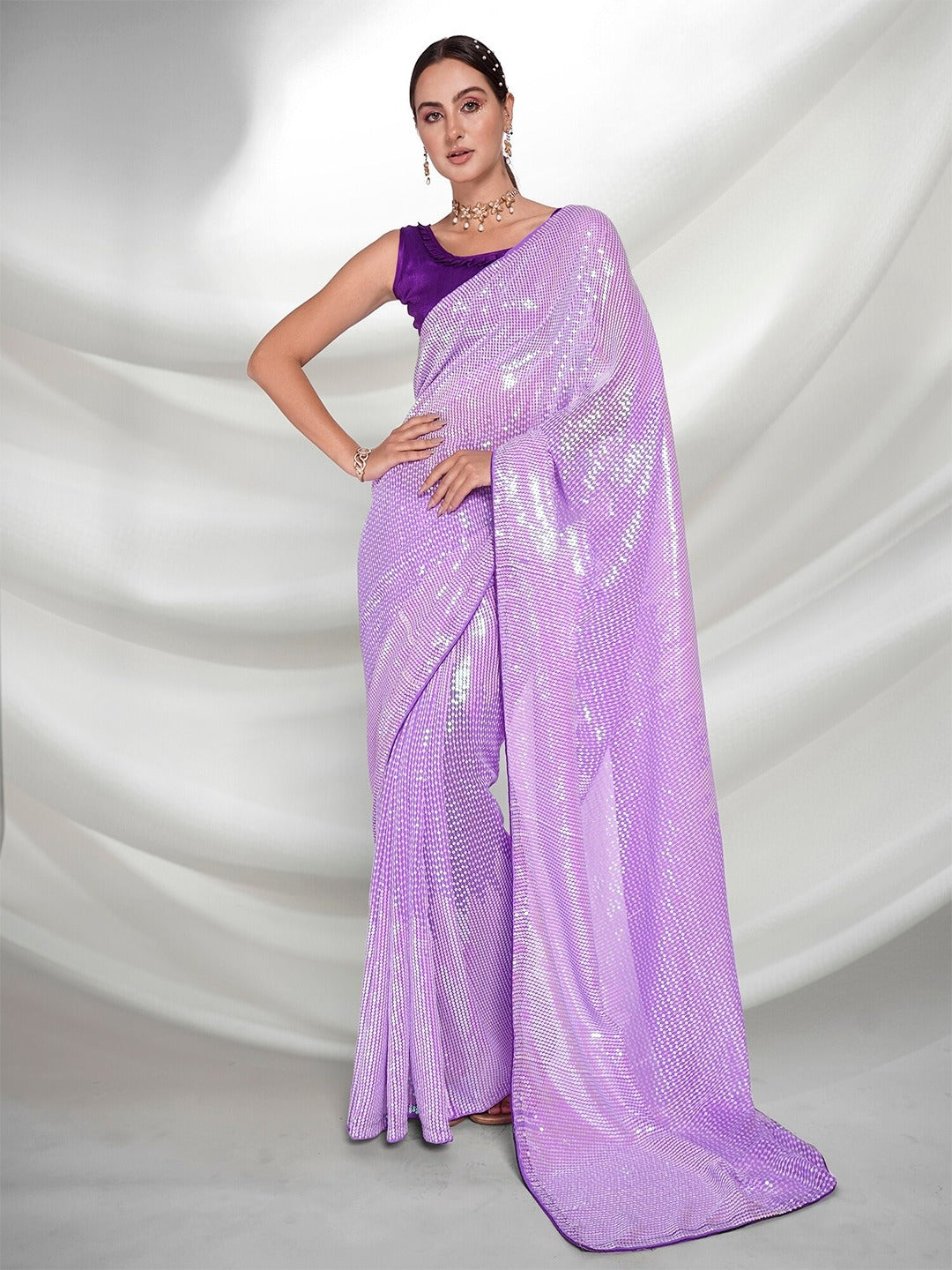 Beautiful Georgette Sequence Purple Solid Saree For Women