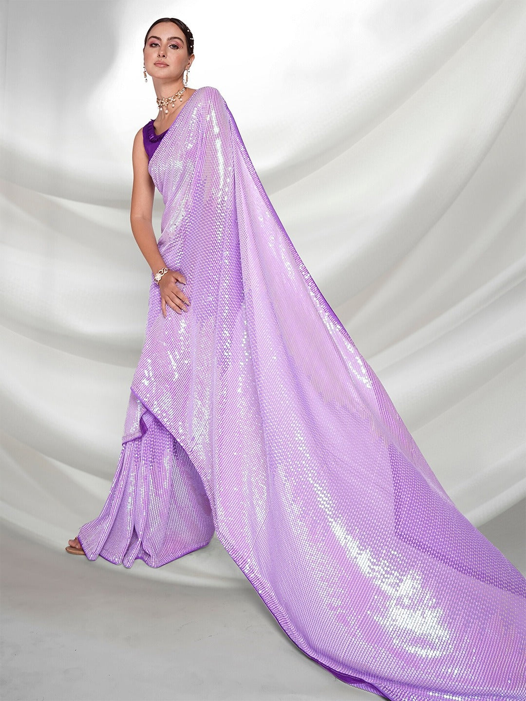 Beautiful Georgette Sequence Purple Solid Saree For Women