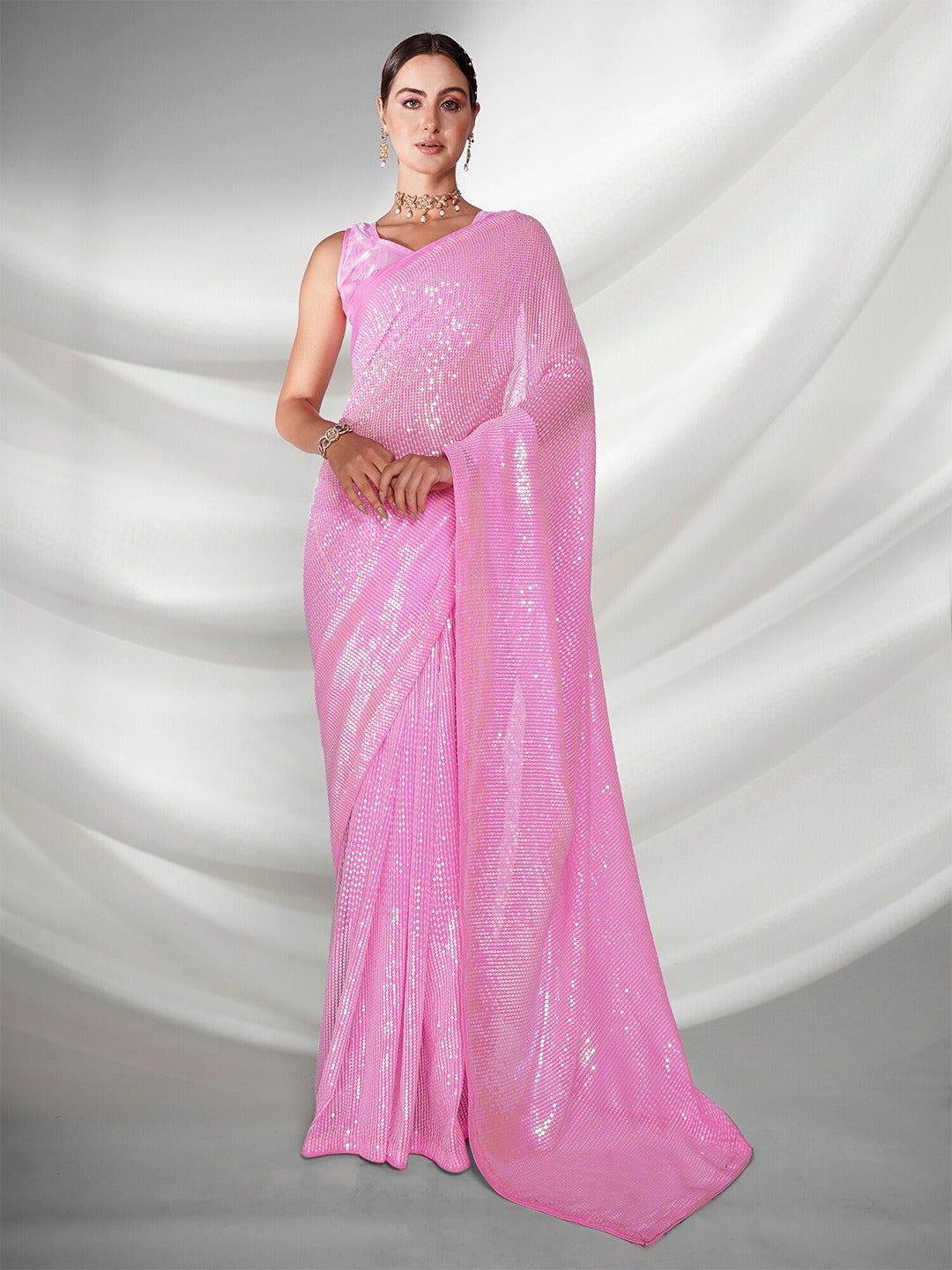 Beautiful Georgette Sequence Pink Solid Saree For Women