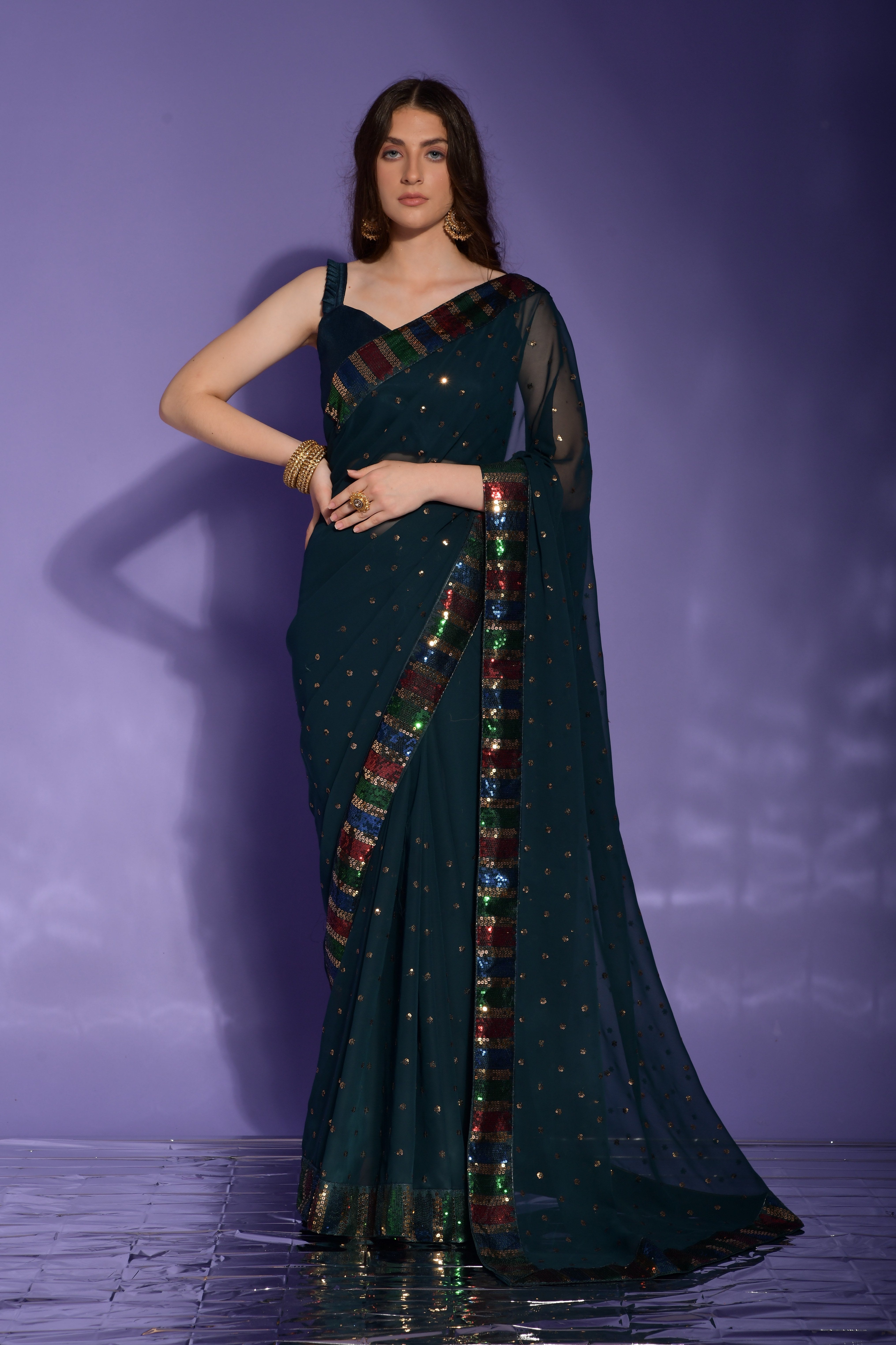 Beautiful Teal Blue Sequence embroidery work Lace Border Saree For Women