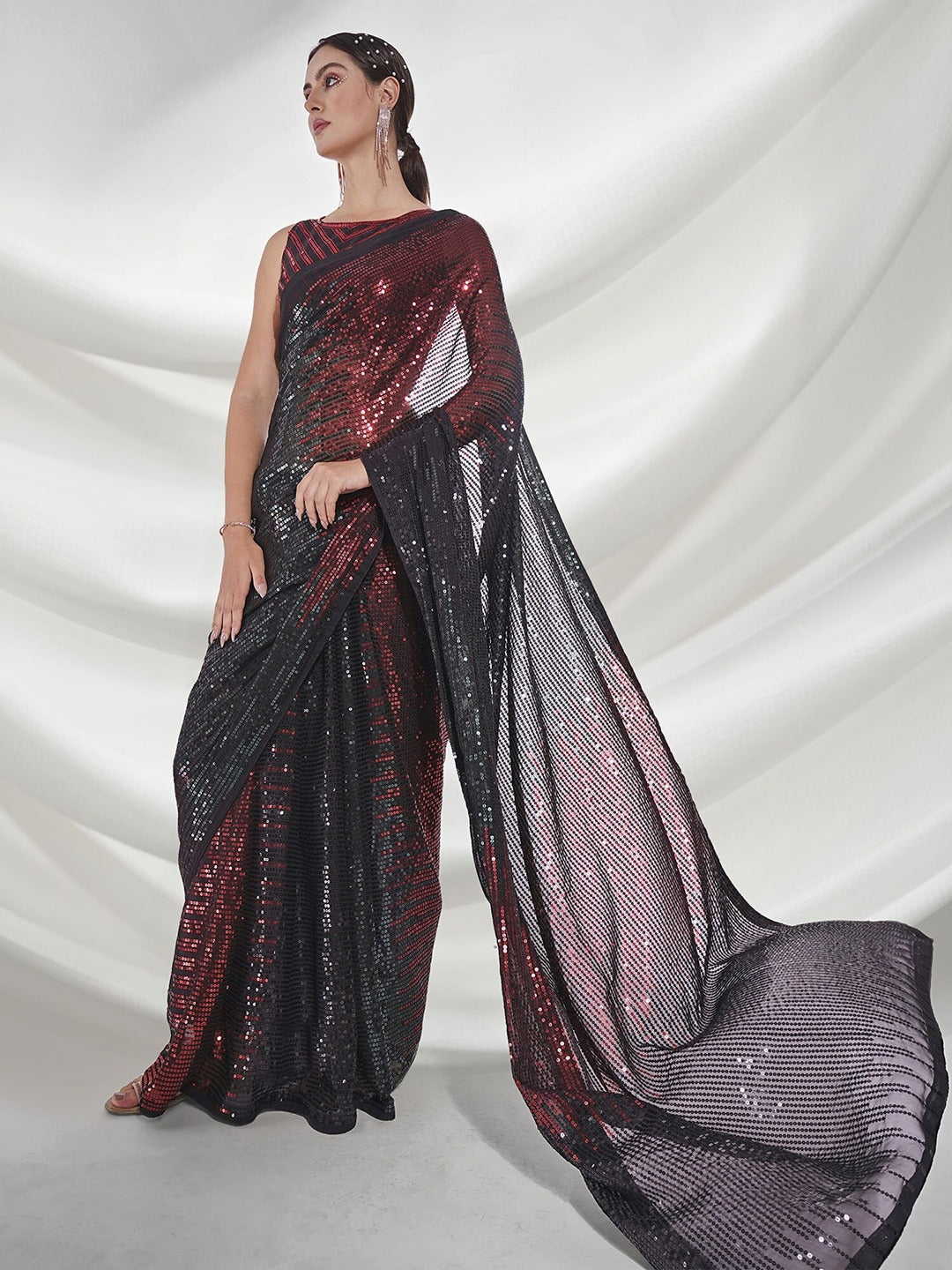 Beautiful Black & Red Sequence embroidery work in double run thread With backpach and piping Saree For Women