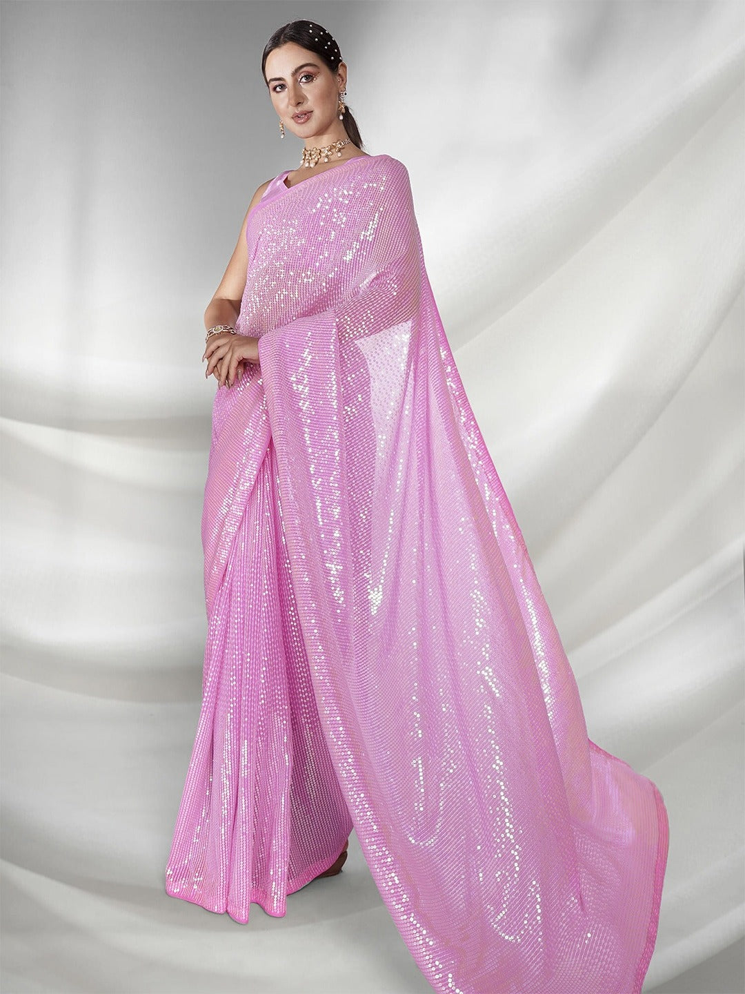 Beautiful Georgette Sequence Pink Solid Saree For Women