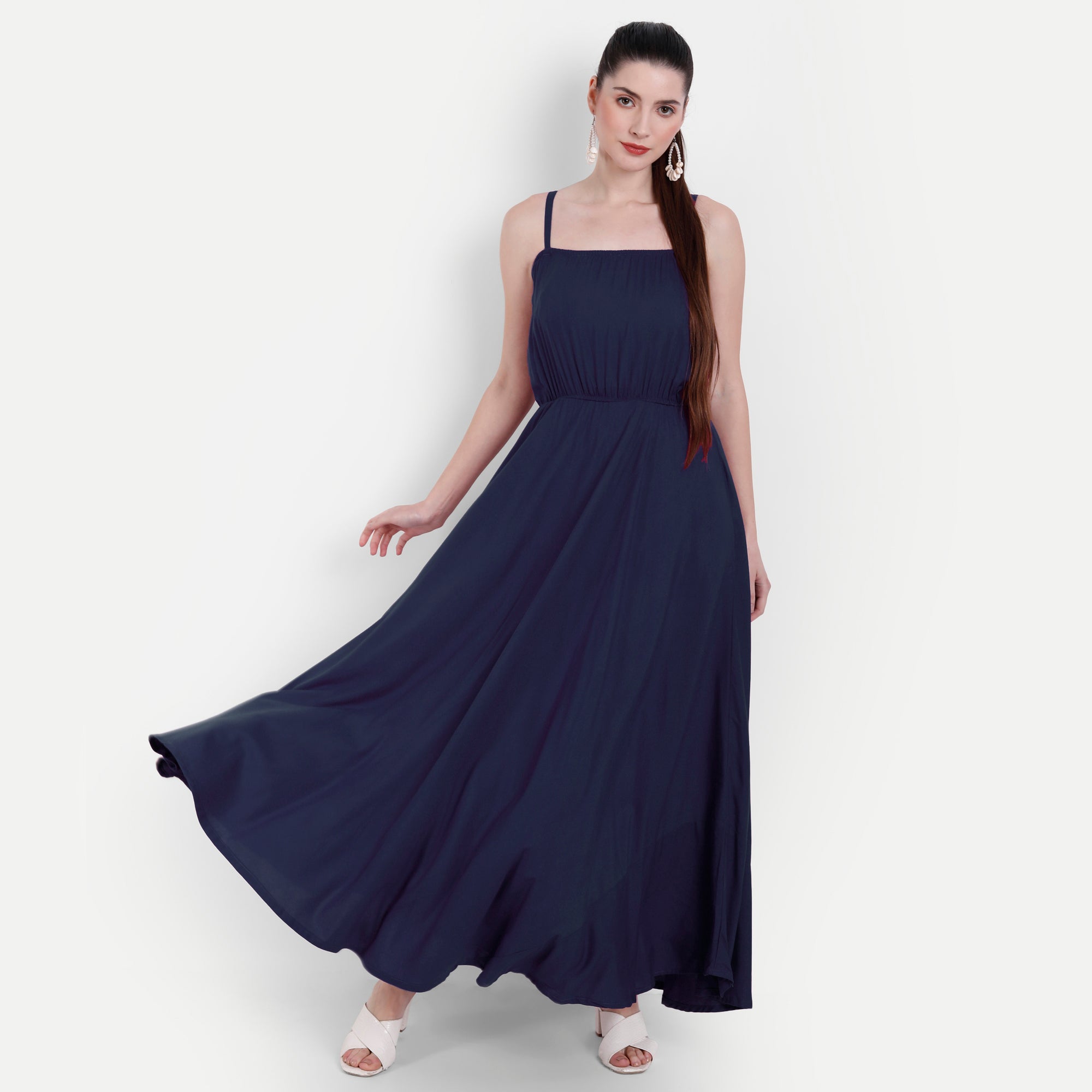 Women Navy Blue Fit and Flare Shoulder strap Maxi Dress
