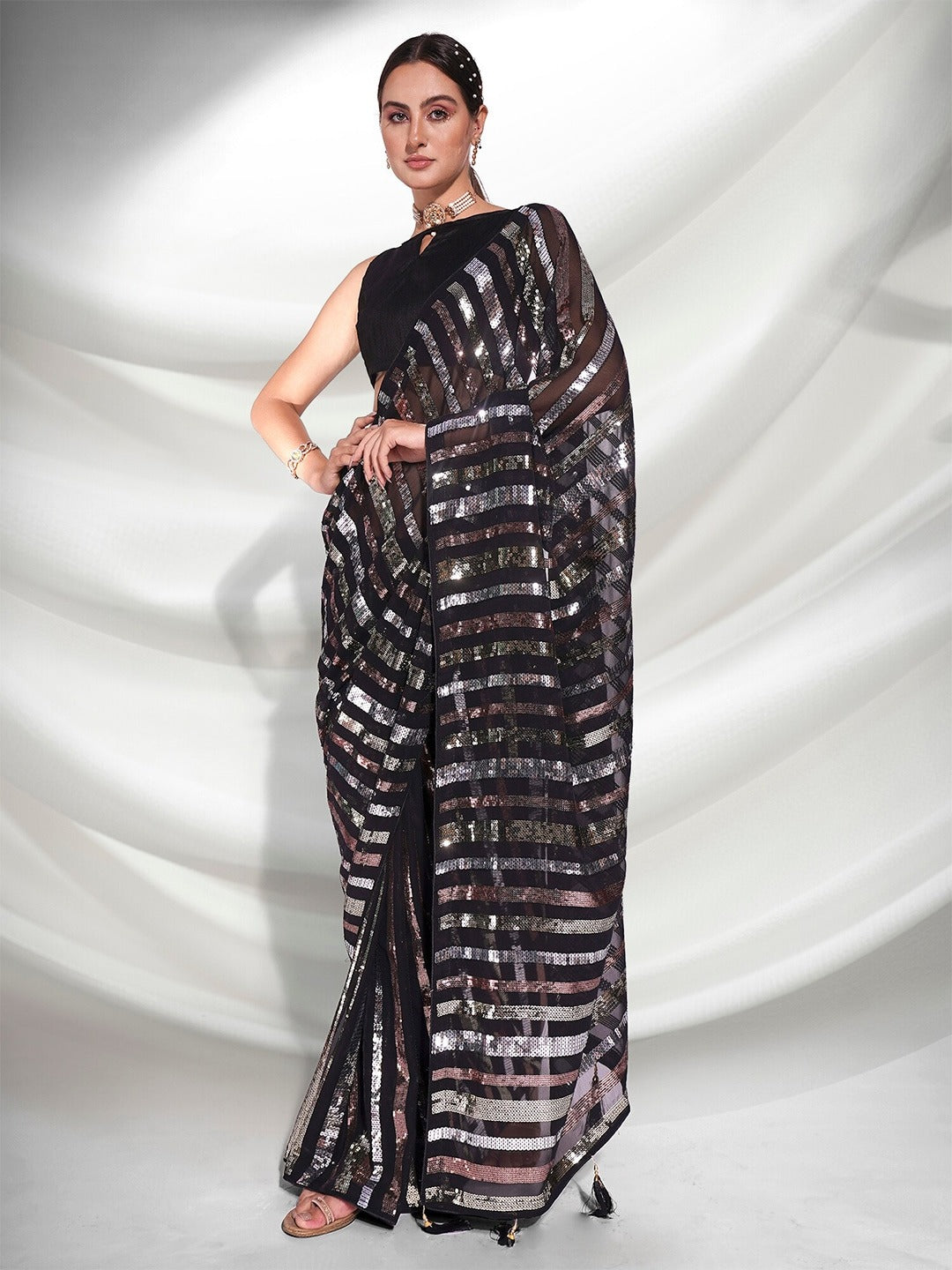 Beautiful Black Sequence Embroidery Work On Saree With Backpatch Border &Fumka On Pallu Saree For Women
