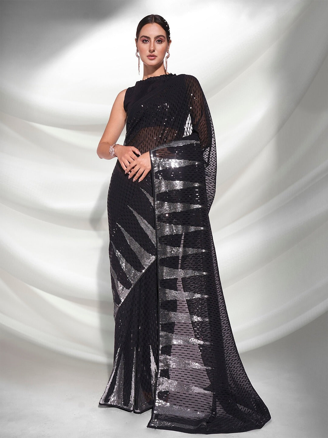 Beautiful Black Sequence Embroidery work in double run with back patch Saree For Women