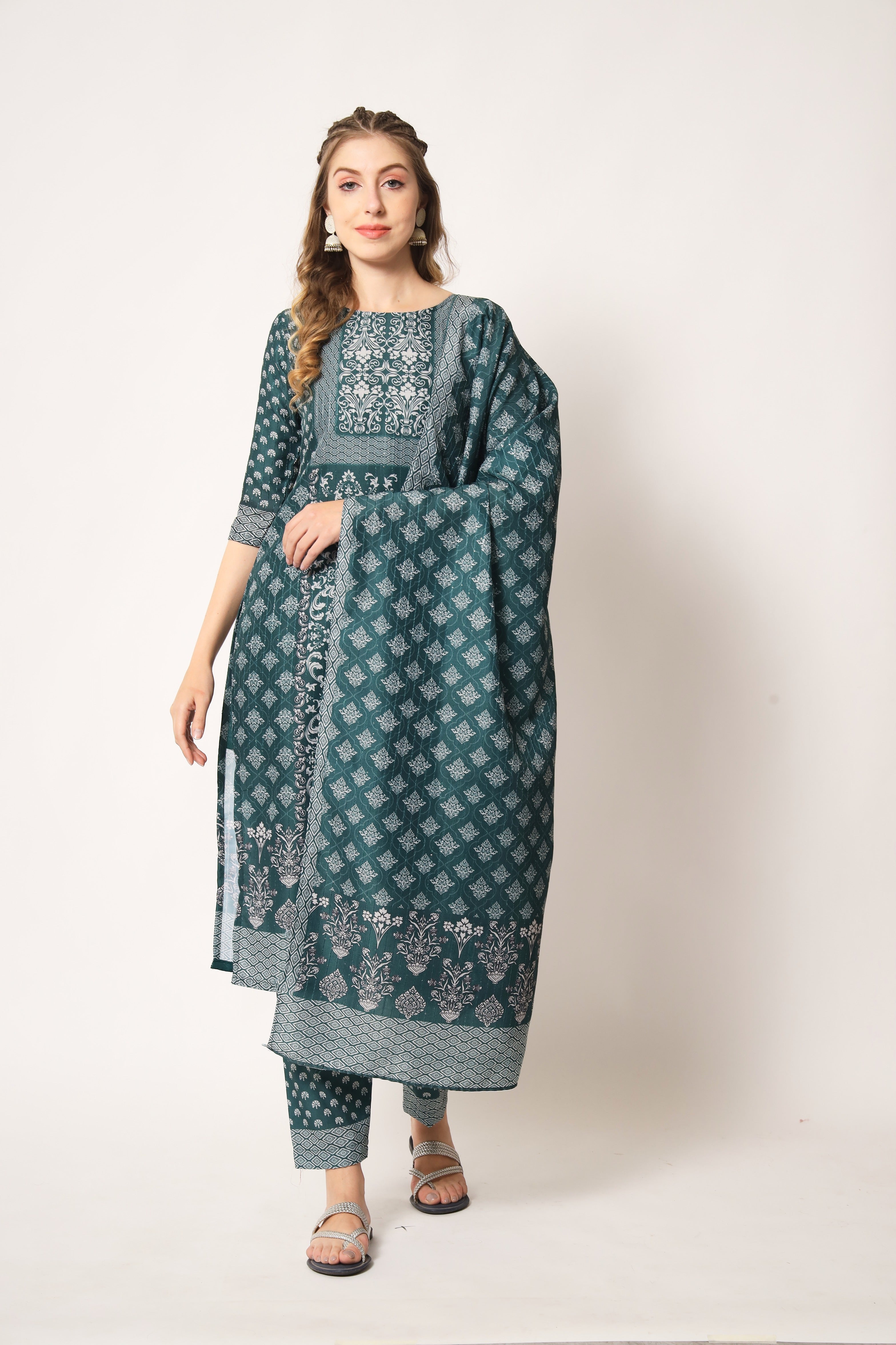 Embroidered Muslin Pine Green Trendy Salwar Kameez For Women
