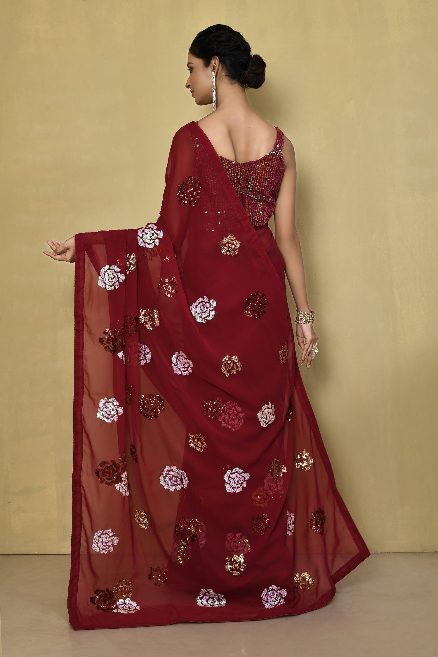 Beautiful Red multi Colour 4 type sequin flower work with back patch piping border Saree For Women