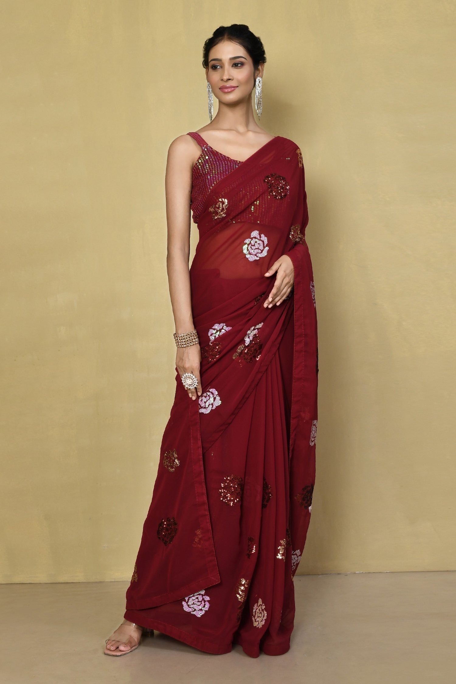 Beautiful Red multi Colour 4 type sequin flower work with back patch piping border Saree For Women