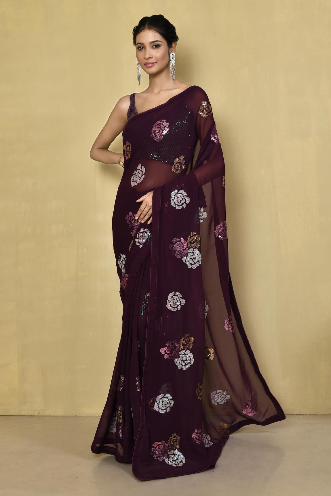Beautiful Wine multi Color 4 type sequin flower work with back patch piping border Saree For Women