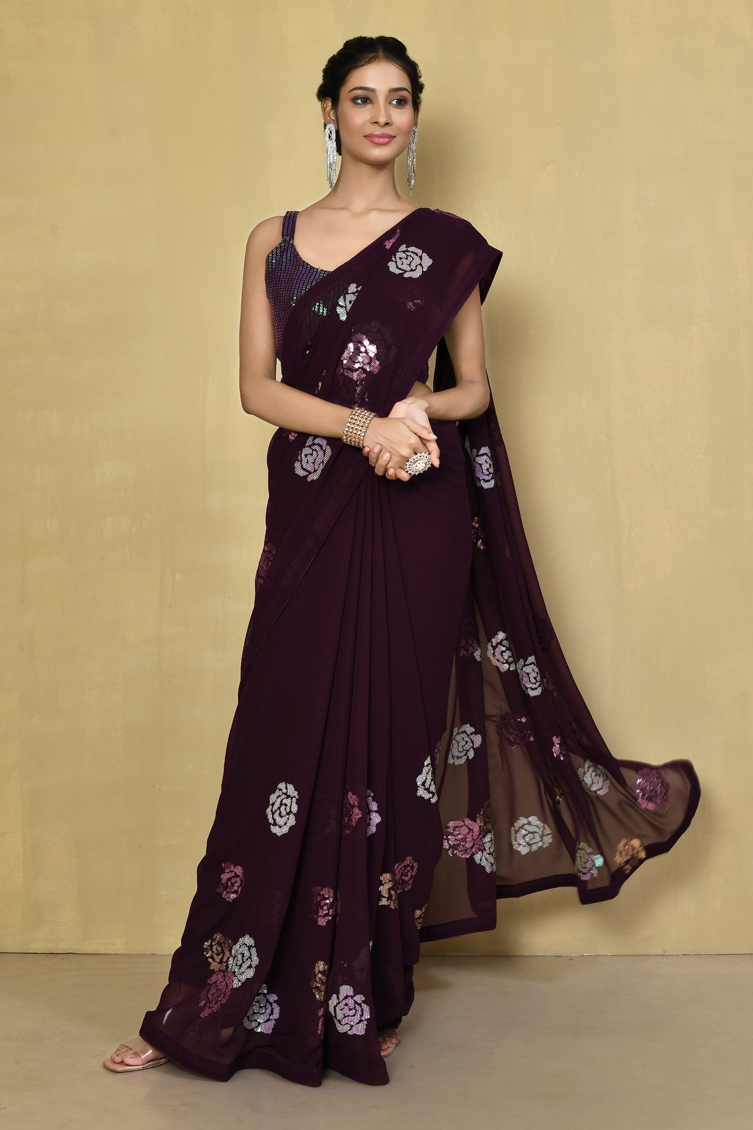 Beautiful Wine multi Color 4 type sequin flower work with back patch piping border Saree For Women