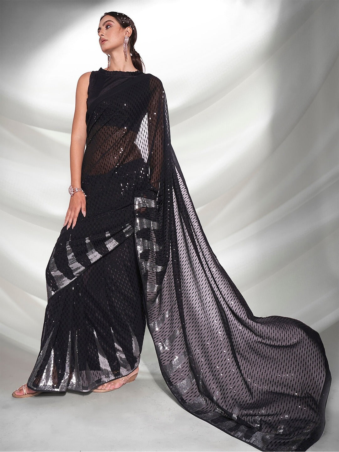 Beautiful Black Sequence Embroidery work in double run with back patch Saree For Women