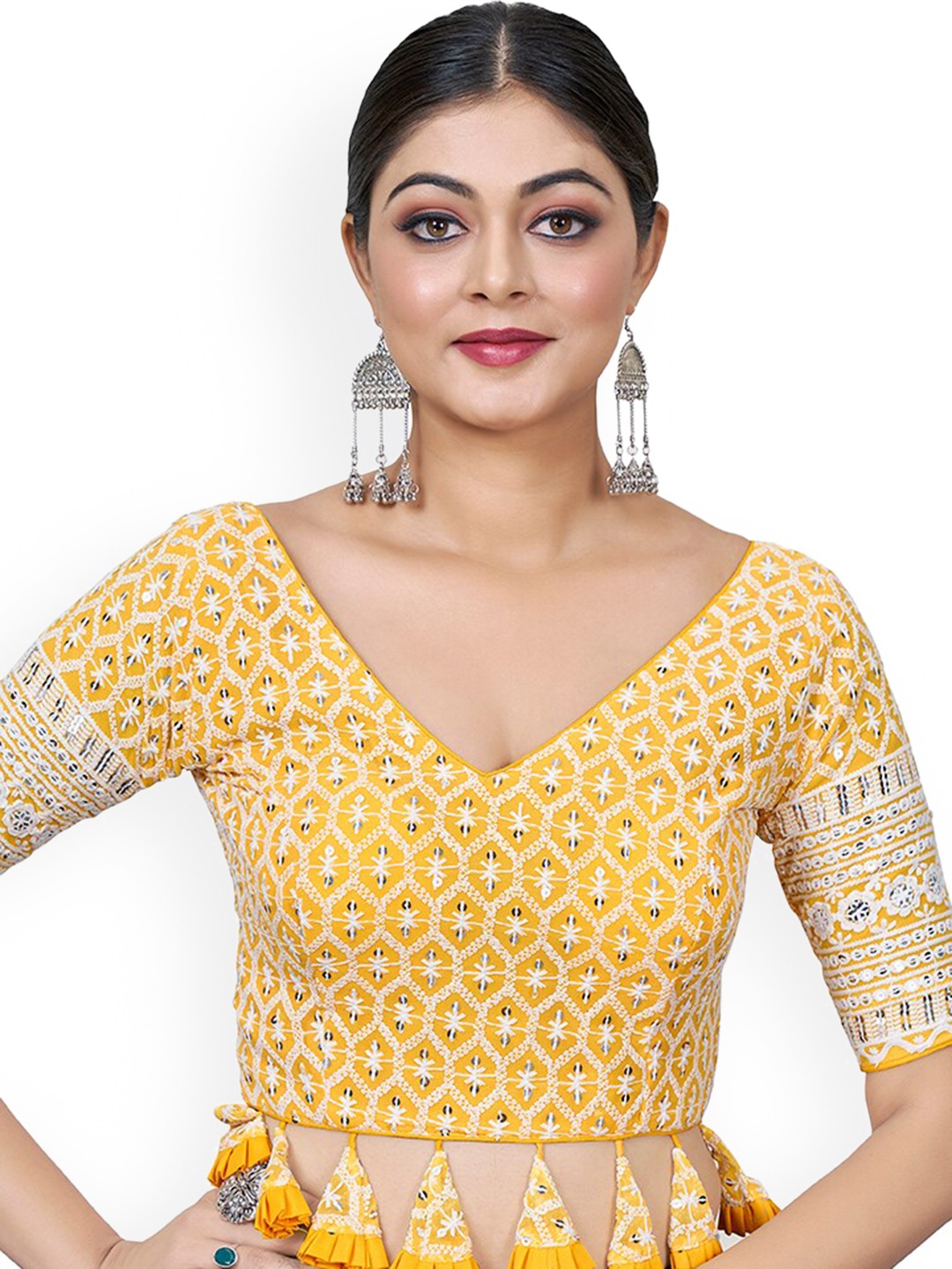 Yellow Embroidered Sequinned Saree Blouse For Women