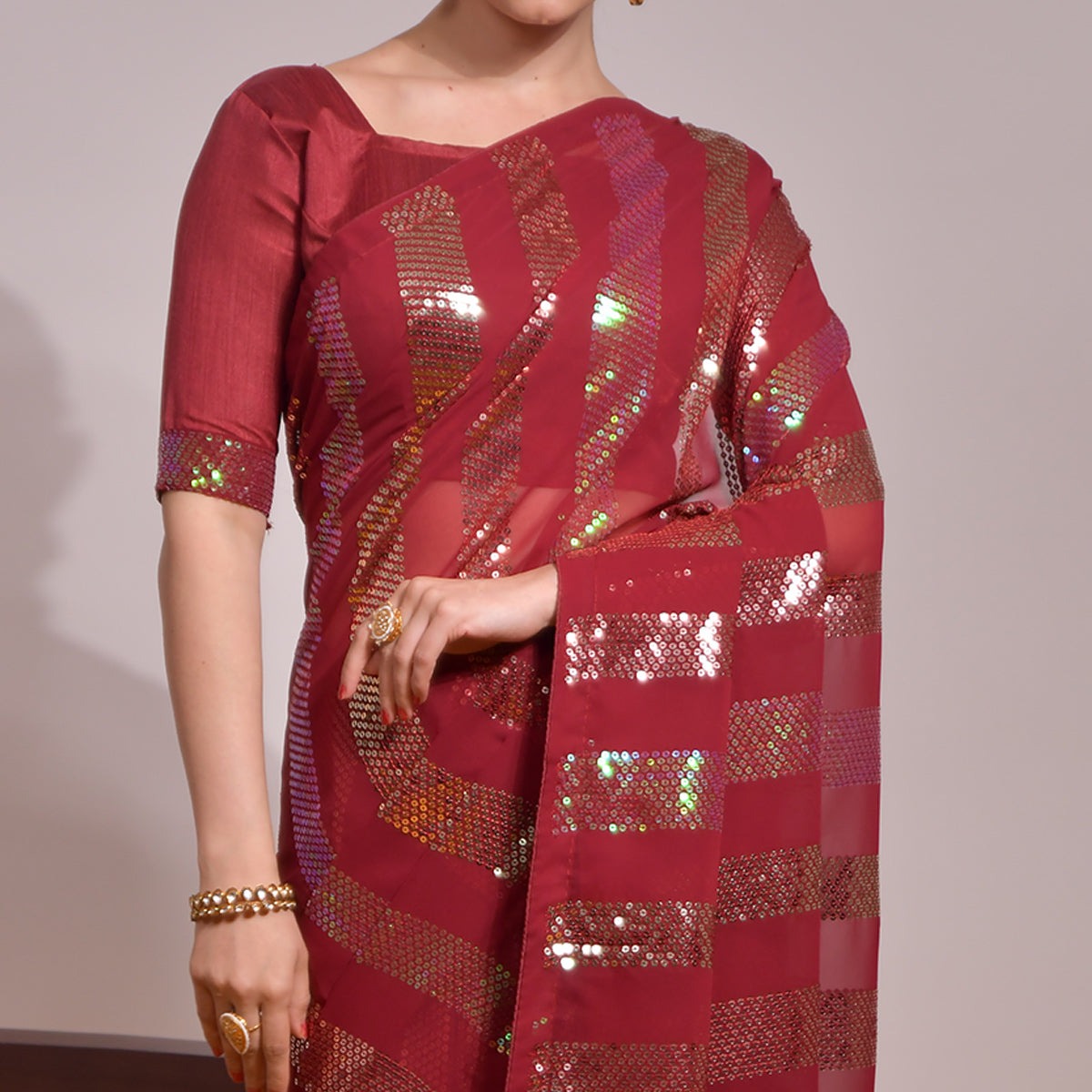 Beautiful Georgette Sequence Patta Maroon Solid Saree For Women