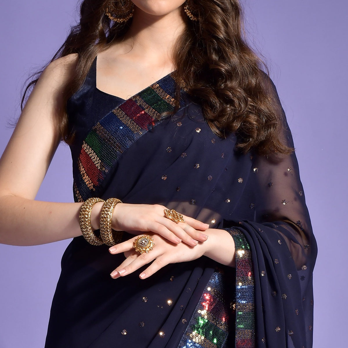 Beautiful Navy Blue Sequence embroidery work Lace Border Saree For Women