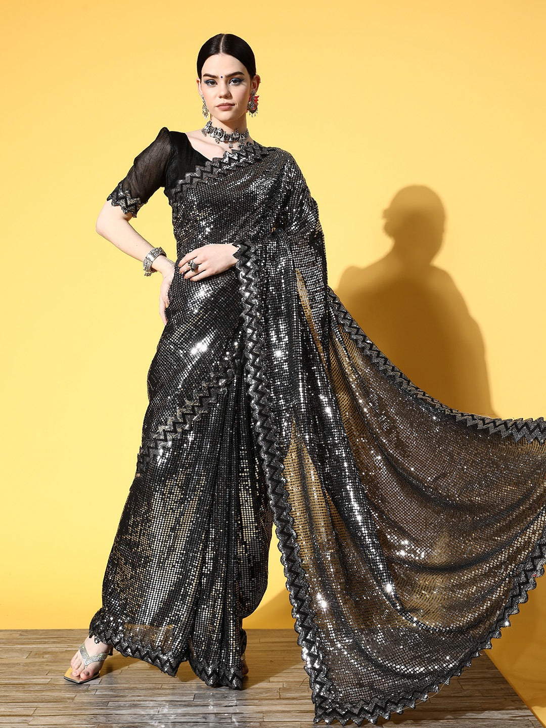 Beautiful Black Georgette Embellished With Beautiful Sequins Work All Over & Embroidery Cut-Work Sequence Work lace Saree For Women