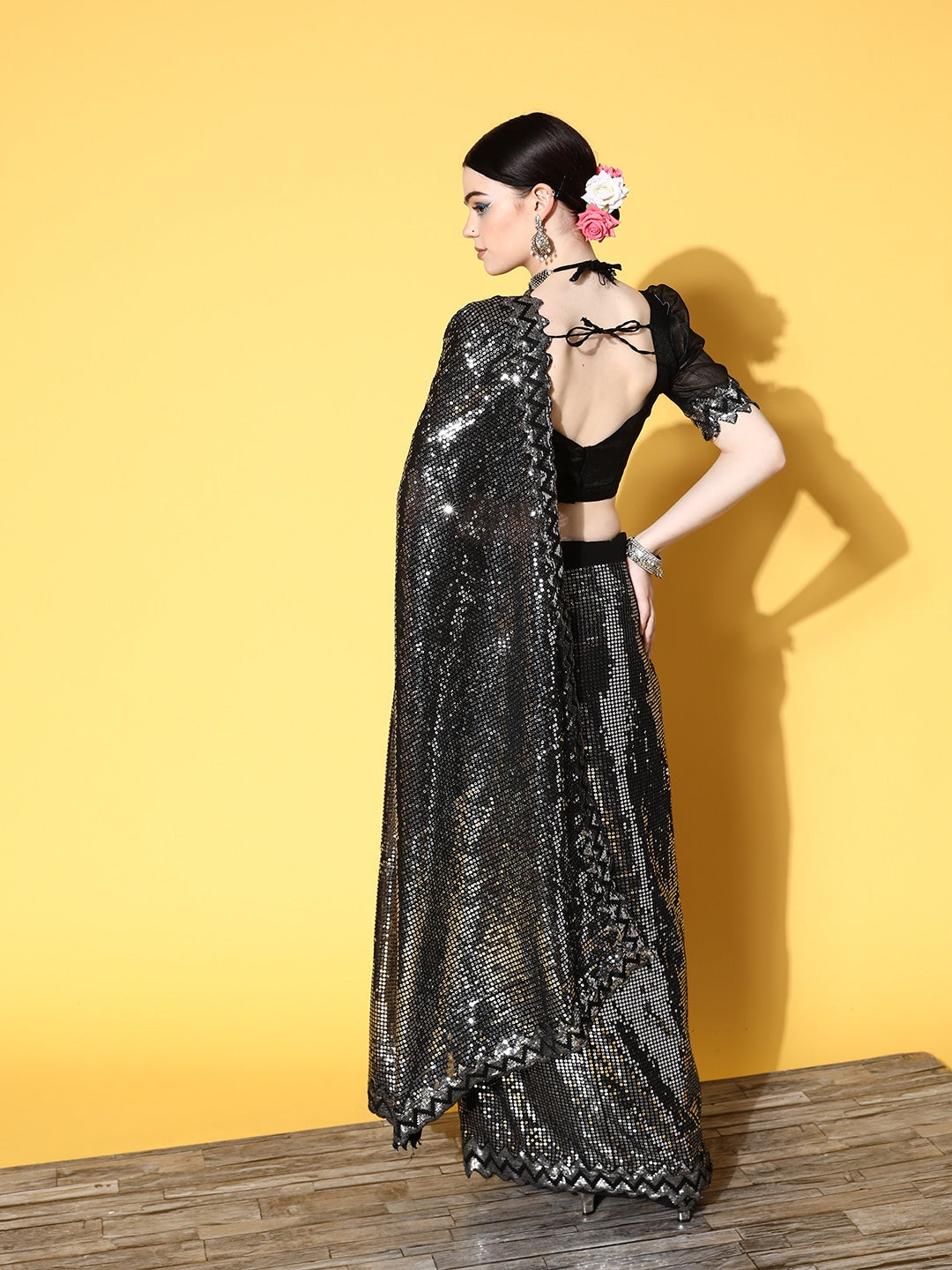 Beautiful Black Georgette Embellished With Beautiful Sequins Work All Over & Embroidery Cut-Work Sequence Work lace Saree For Women