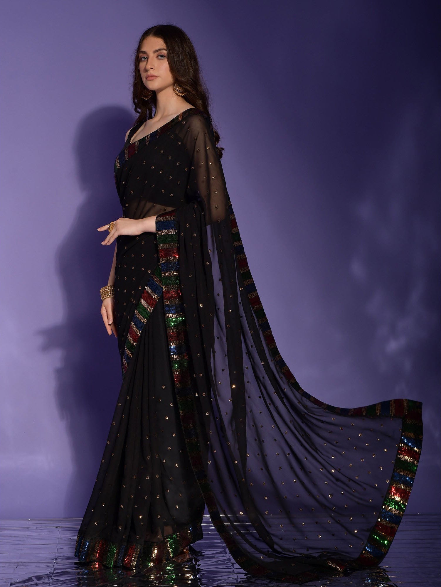 Beautiful Black Sequence embroidery work Lace Border Saree For Women
