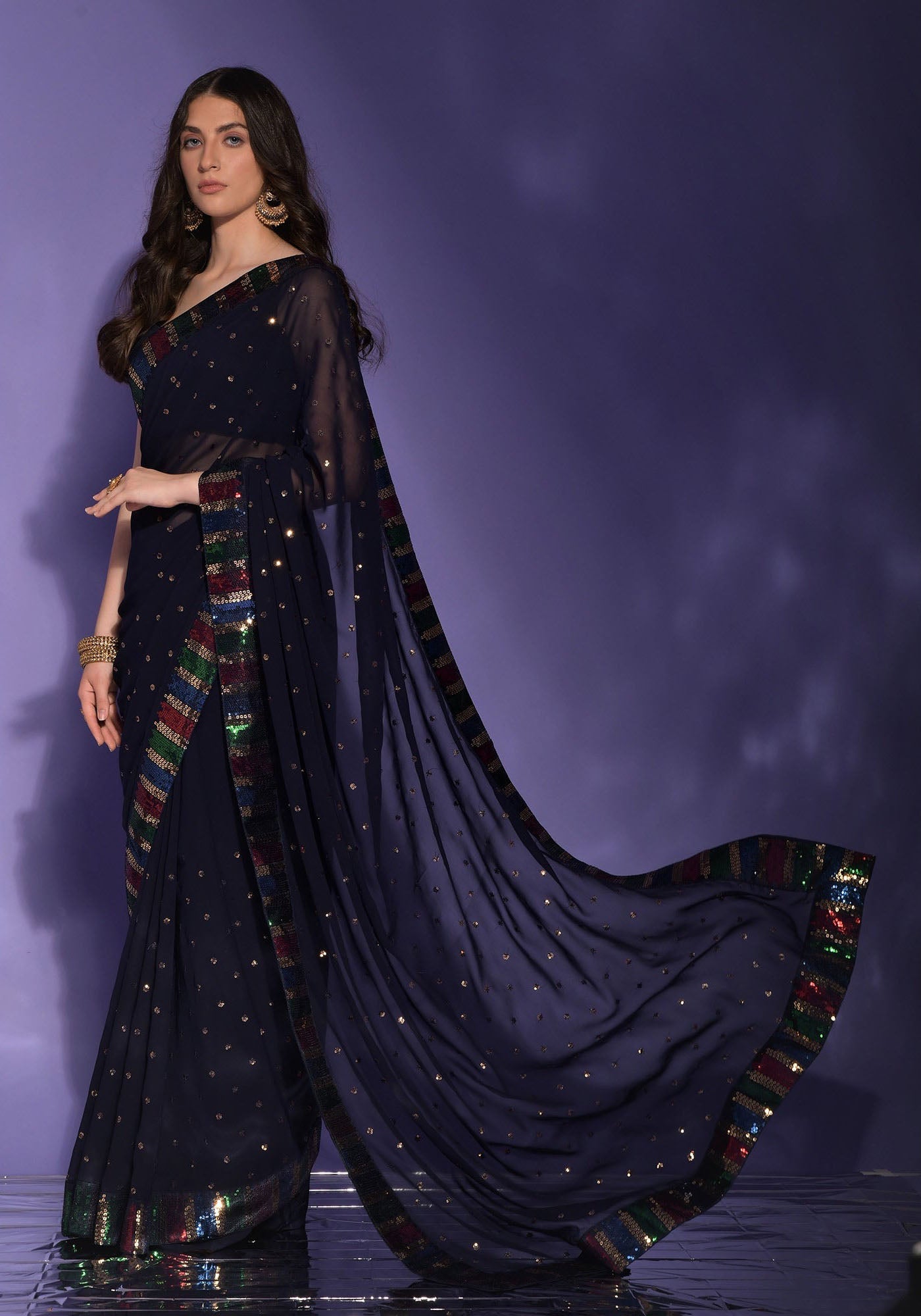 Beautiful Navy Blue Sequence embroidery work Lace Border Saree For Women