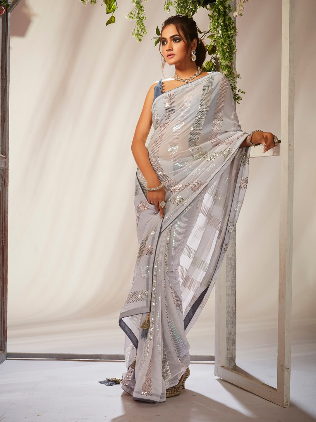 Beautiful Georgette Sequence Patta Grey Solid Saree For Women