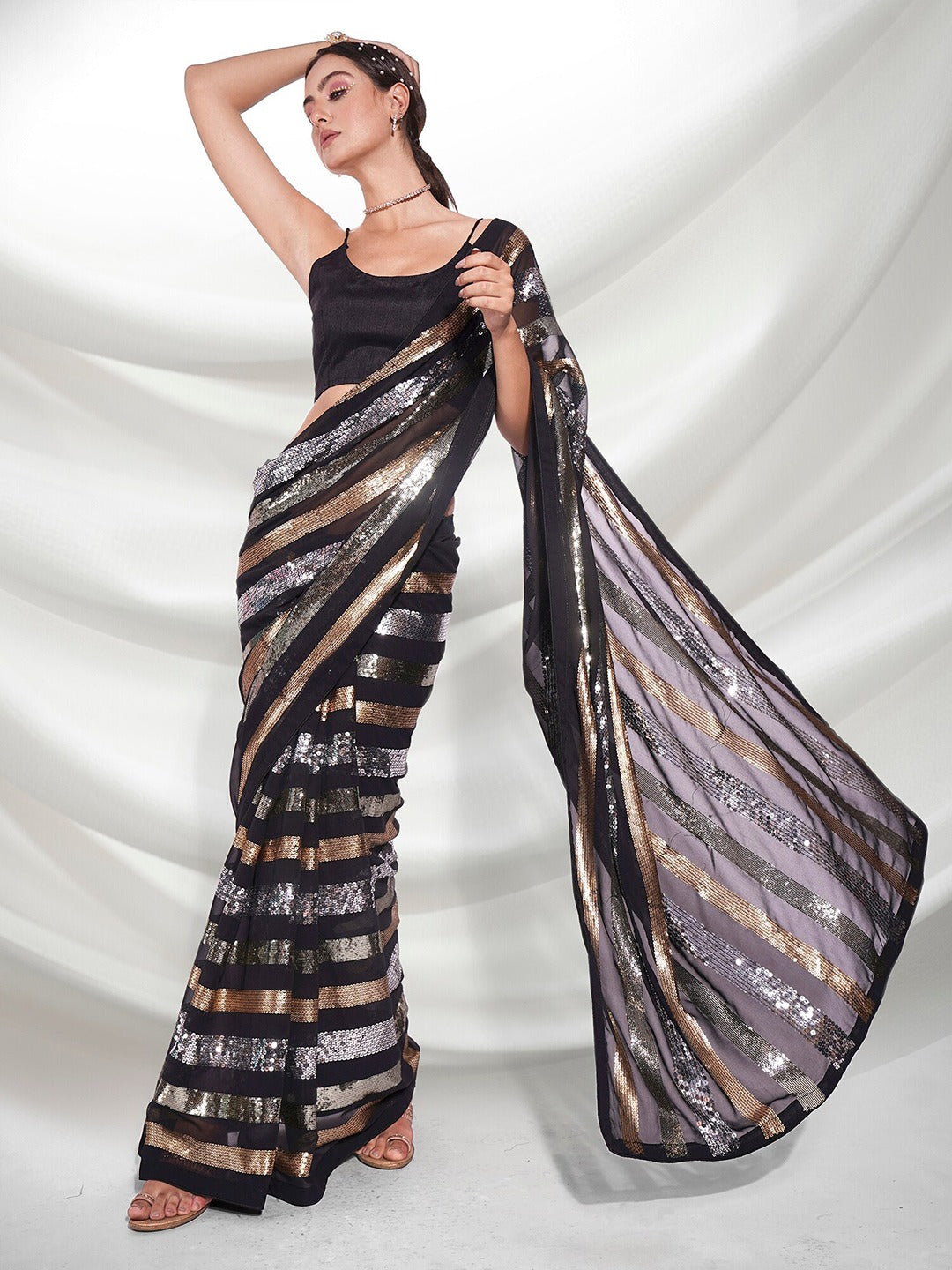 Beautiful Black Lining Pattern Sequin Work And Embroidery Work  With Back Patch Piping Saree For Women