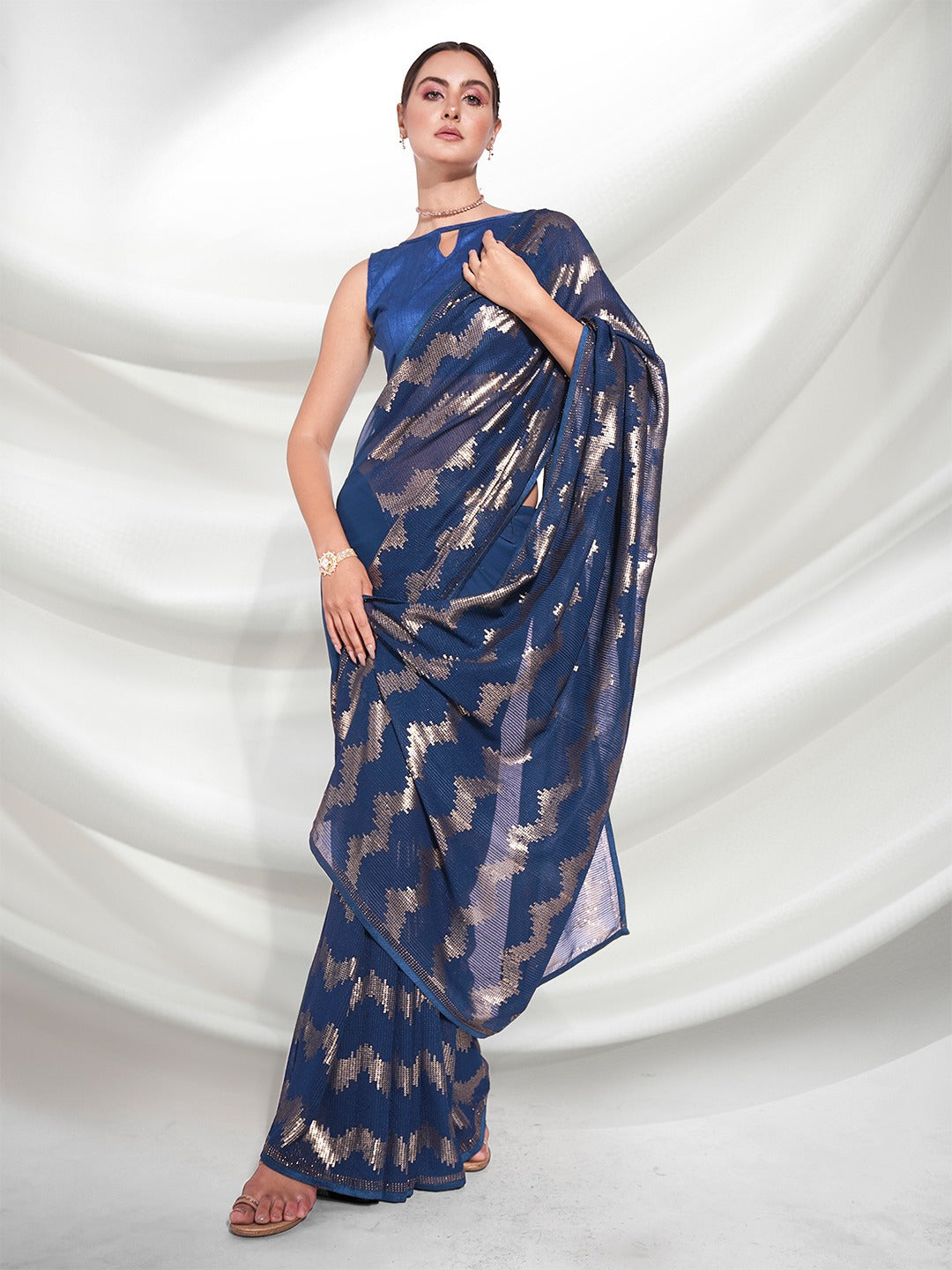 Beautiful Teal Blue Matt Sequence Embroidery Work With Zigzag Pattern with Sikorsky Diamond Border With Box Piping Saree For Women