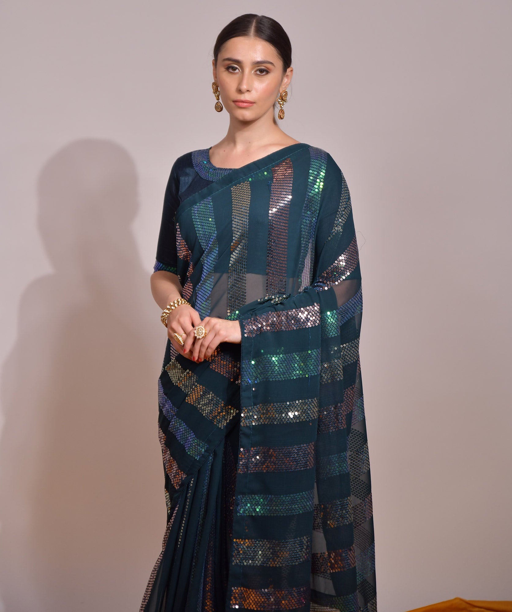 Beautiful Georgette Sequence Patta Teal Blue Solid Saree For Women