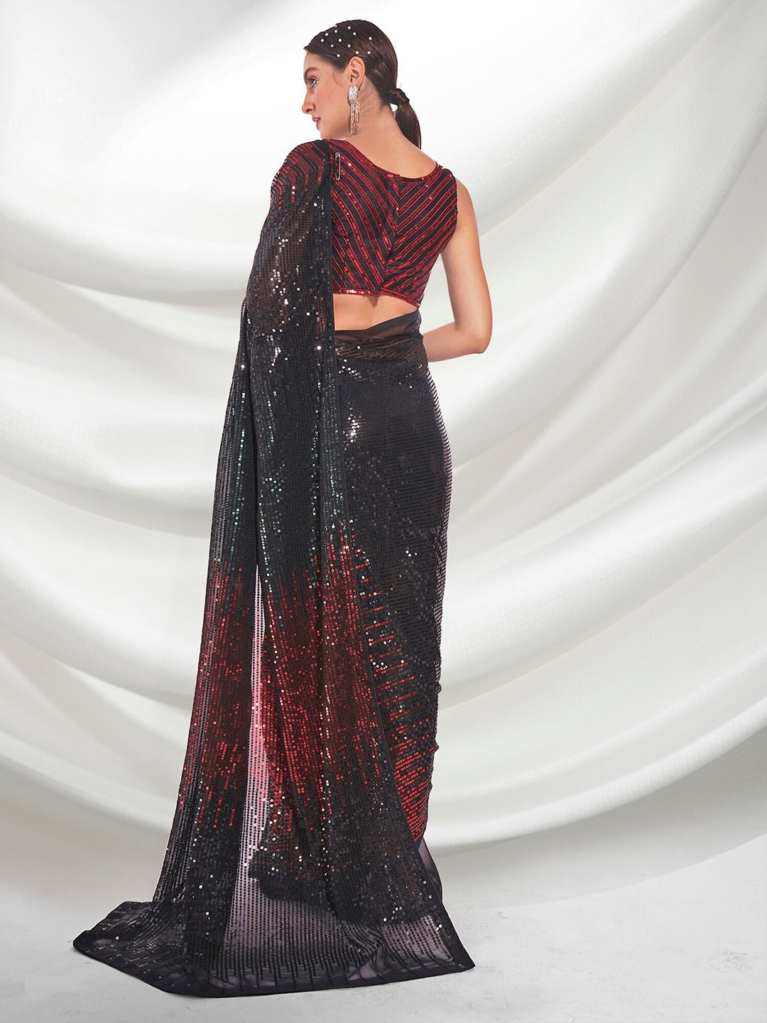 Beautiful Black & Red Sequence embroidery work in double run thread With backpach and piping Saree For Women