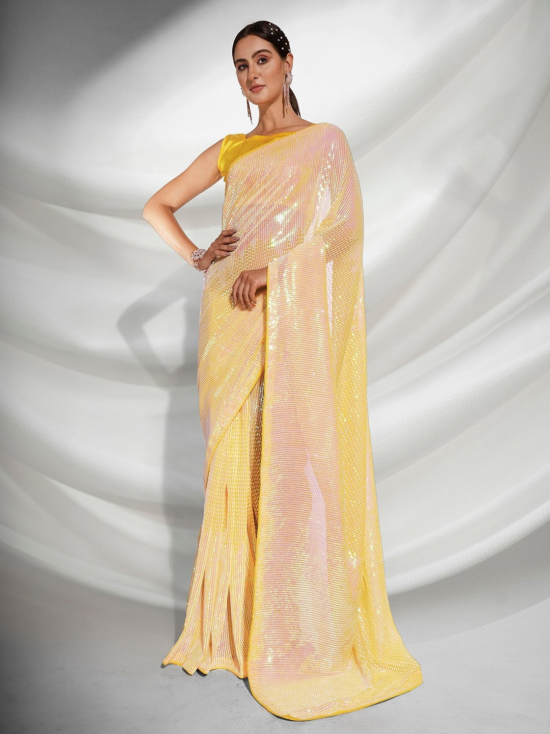 Beautiful Georgette Sequence Yellow Solid Saree For Women