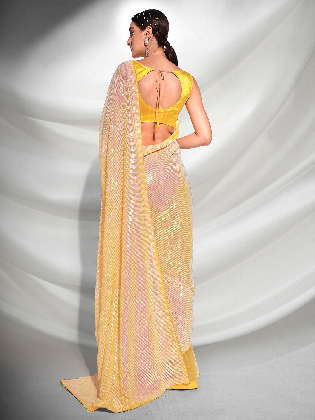 Beautiful Georgette Sequence Yellow Solid Saree For Women