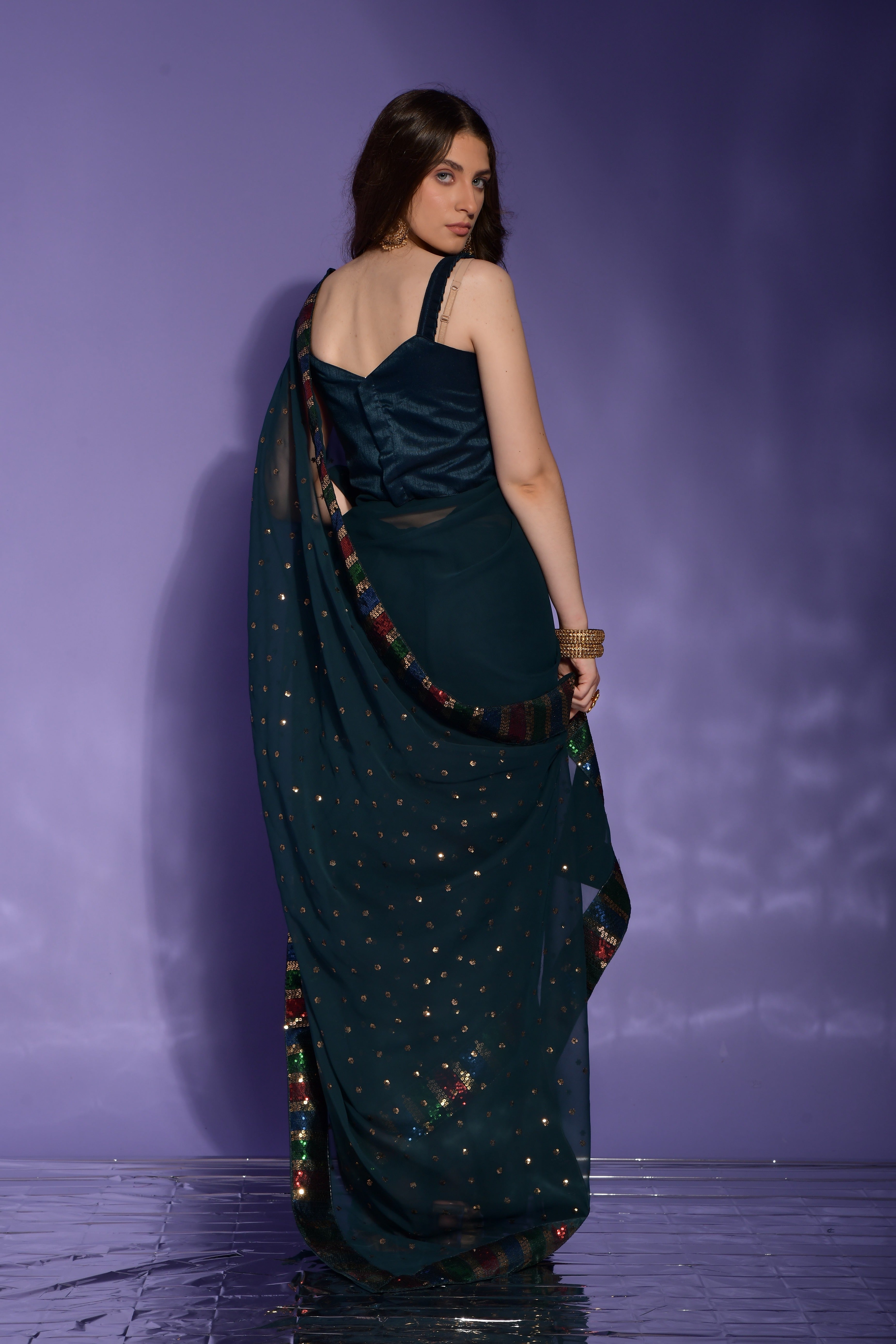 Beautiful Teal Blue Sequence embroidery work Lace Border Saree For Women