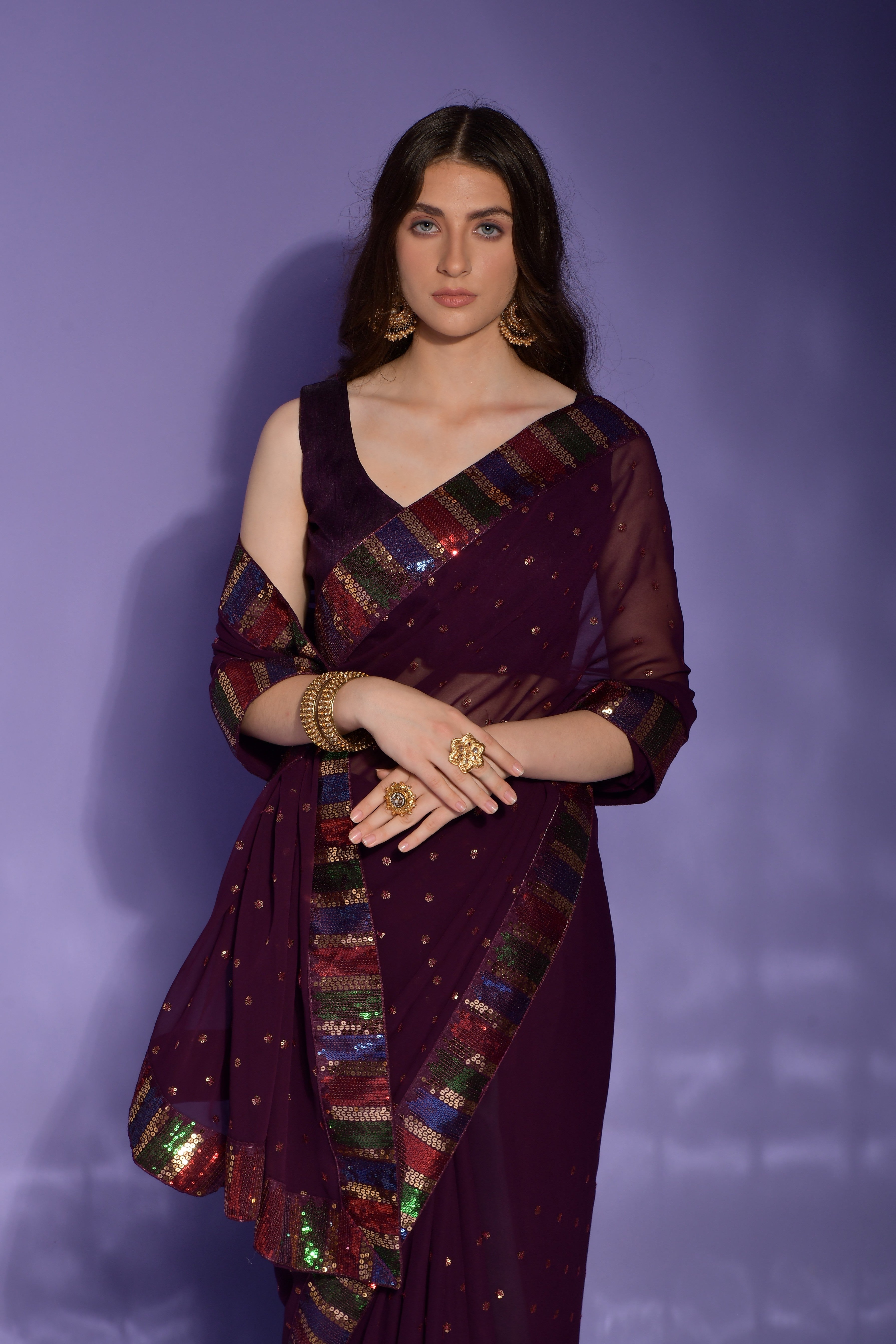 Beautiful Wine Sequence embroidery work Lace Border Saree For Women