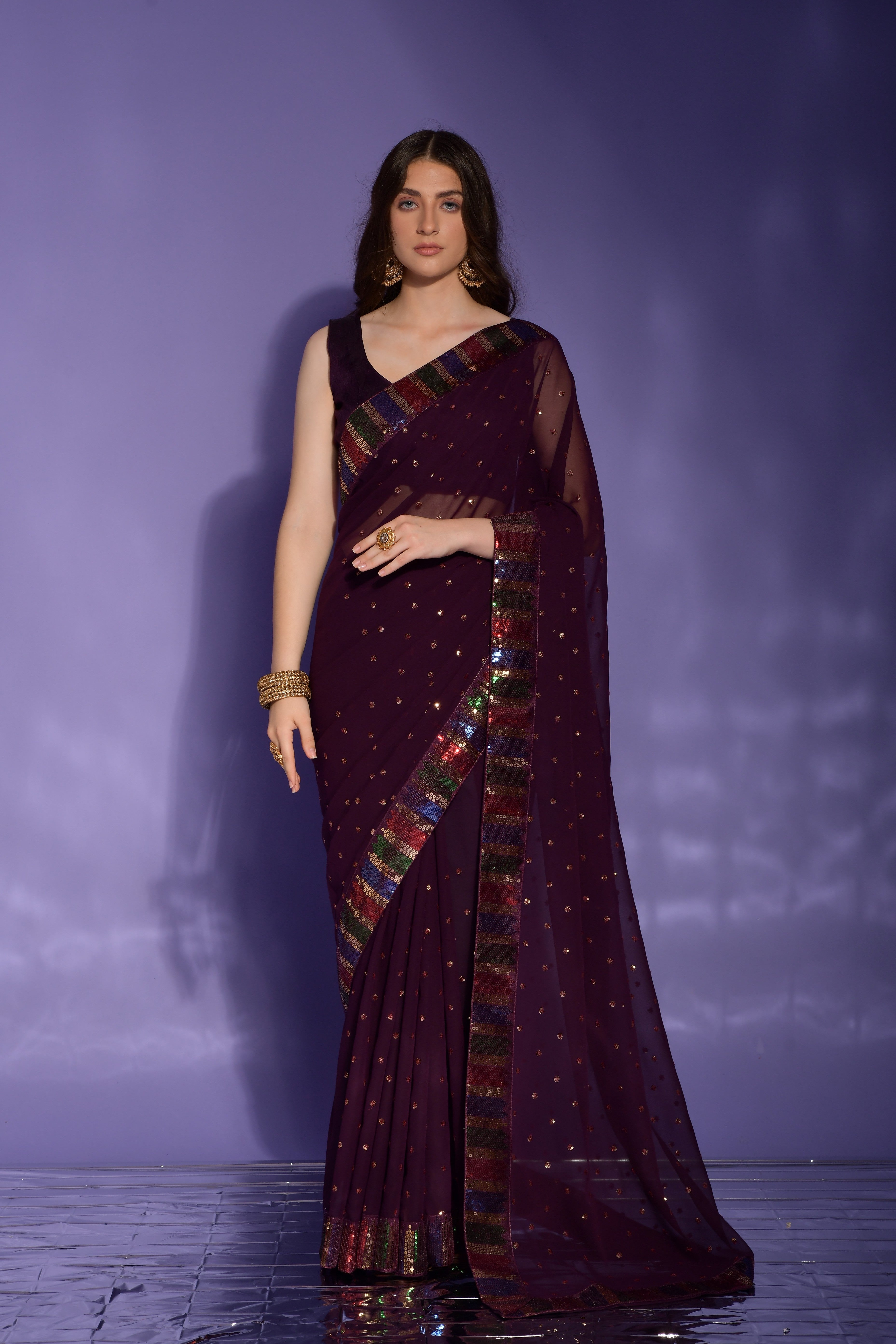 Beautiful Wine Sequence embroidery work Lace Border Saree For Women