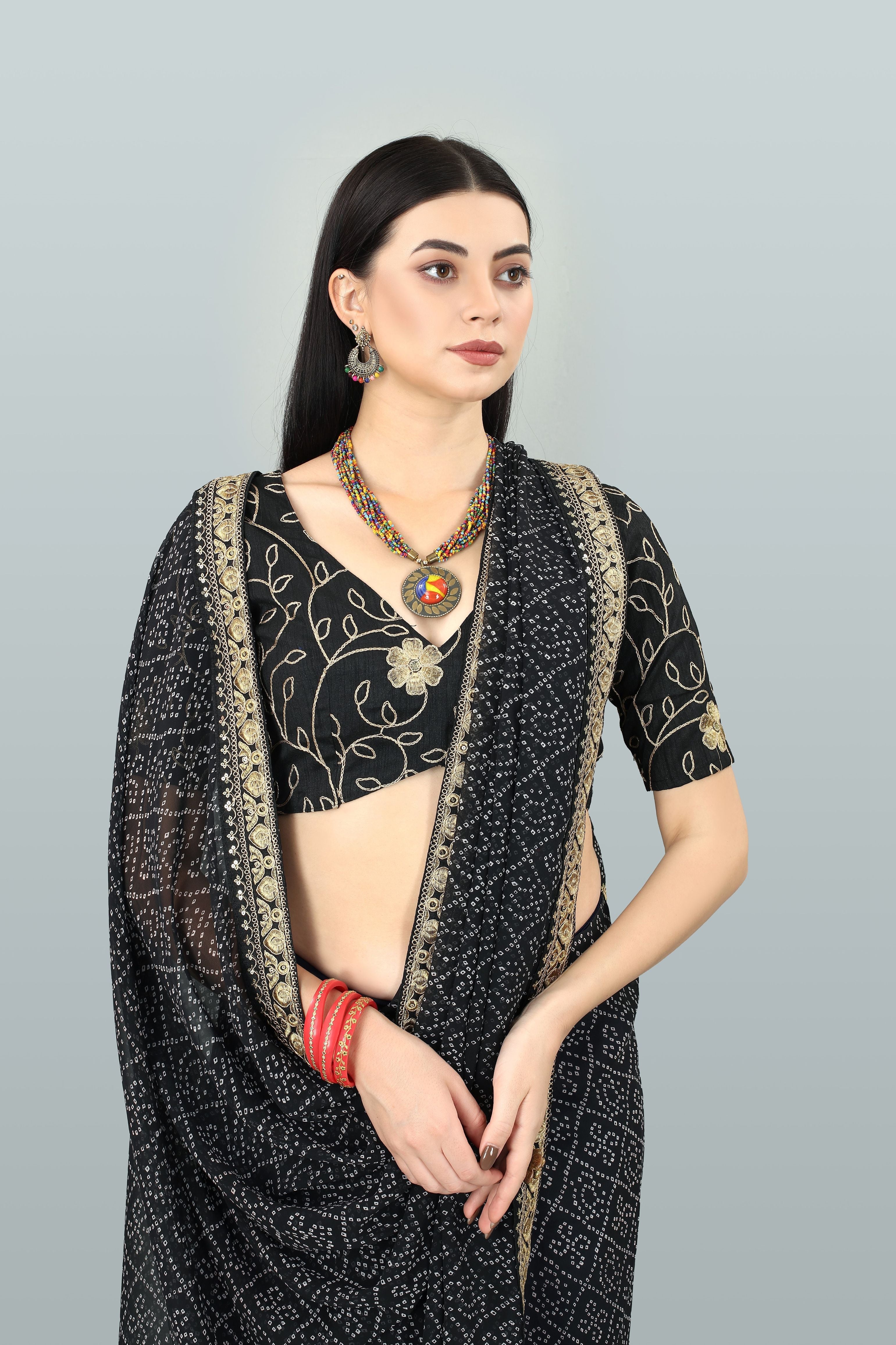 Printed & Embroidery Work In Lace Georgette Black Bandhani Saree For Women