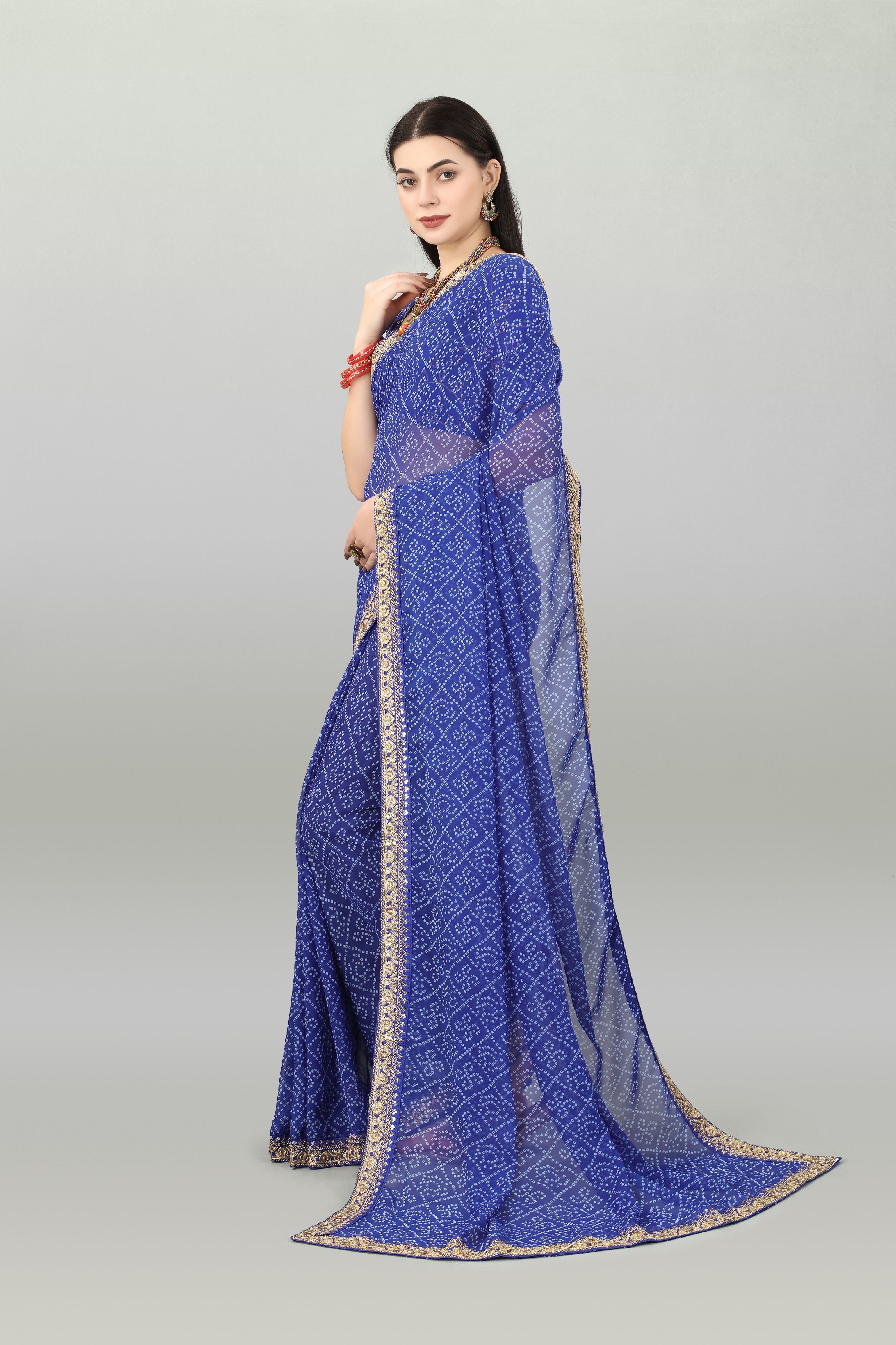 Printed & Embroidery Work In Lace Georgette Blue Bandhani Saree For Women