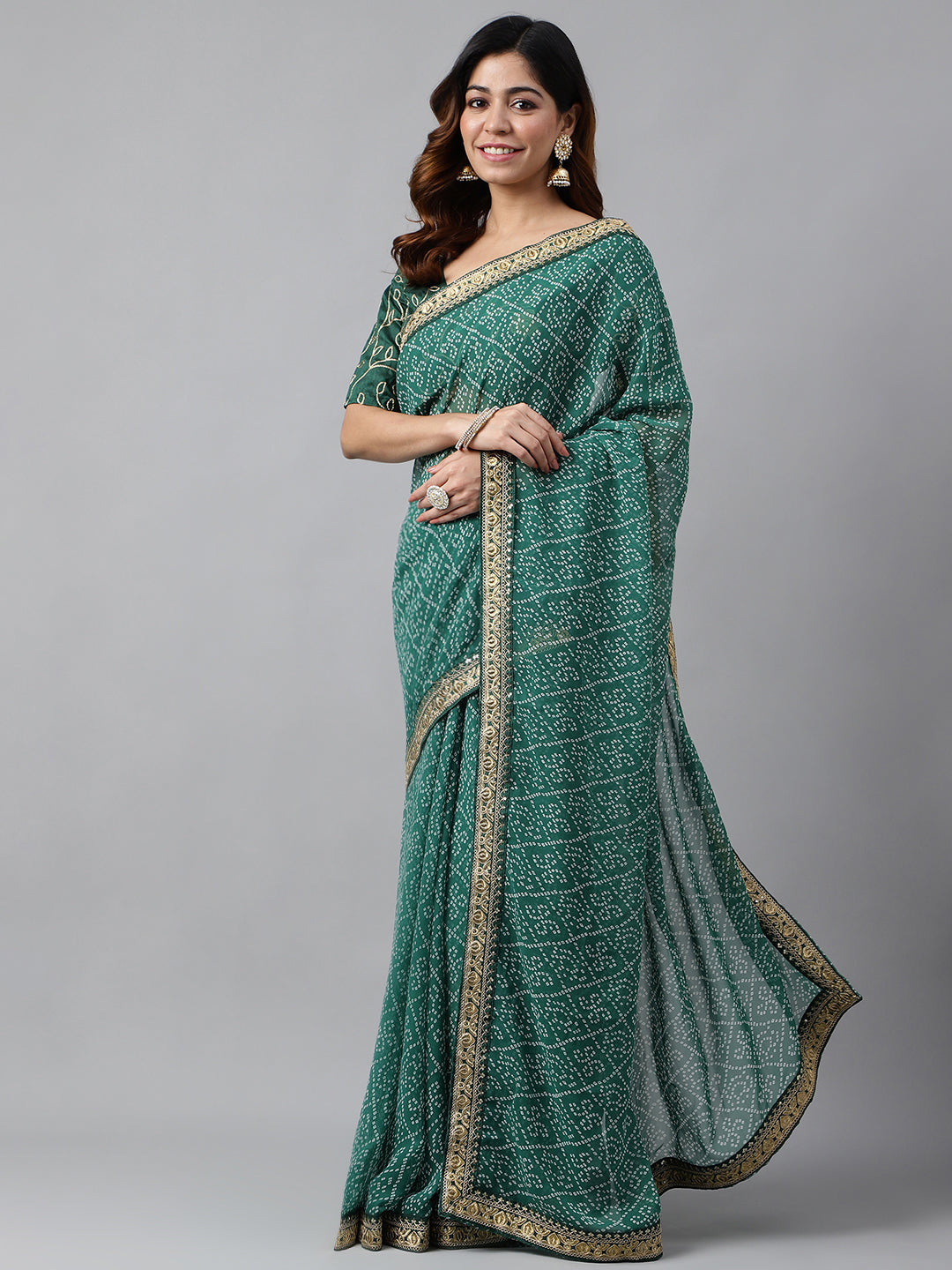 Printed & Embroidery Work In Lace Georgette Green Bandhani Saree For Women