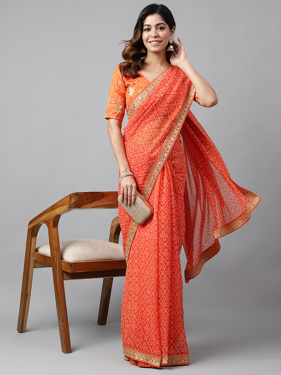 Printed & Embroidery Work In Lace Georgette Orange Bandhani Saree For Women
