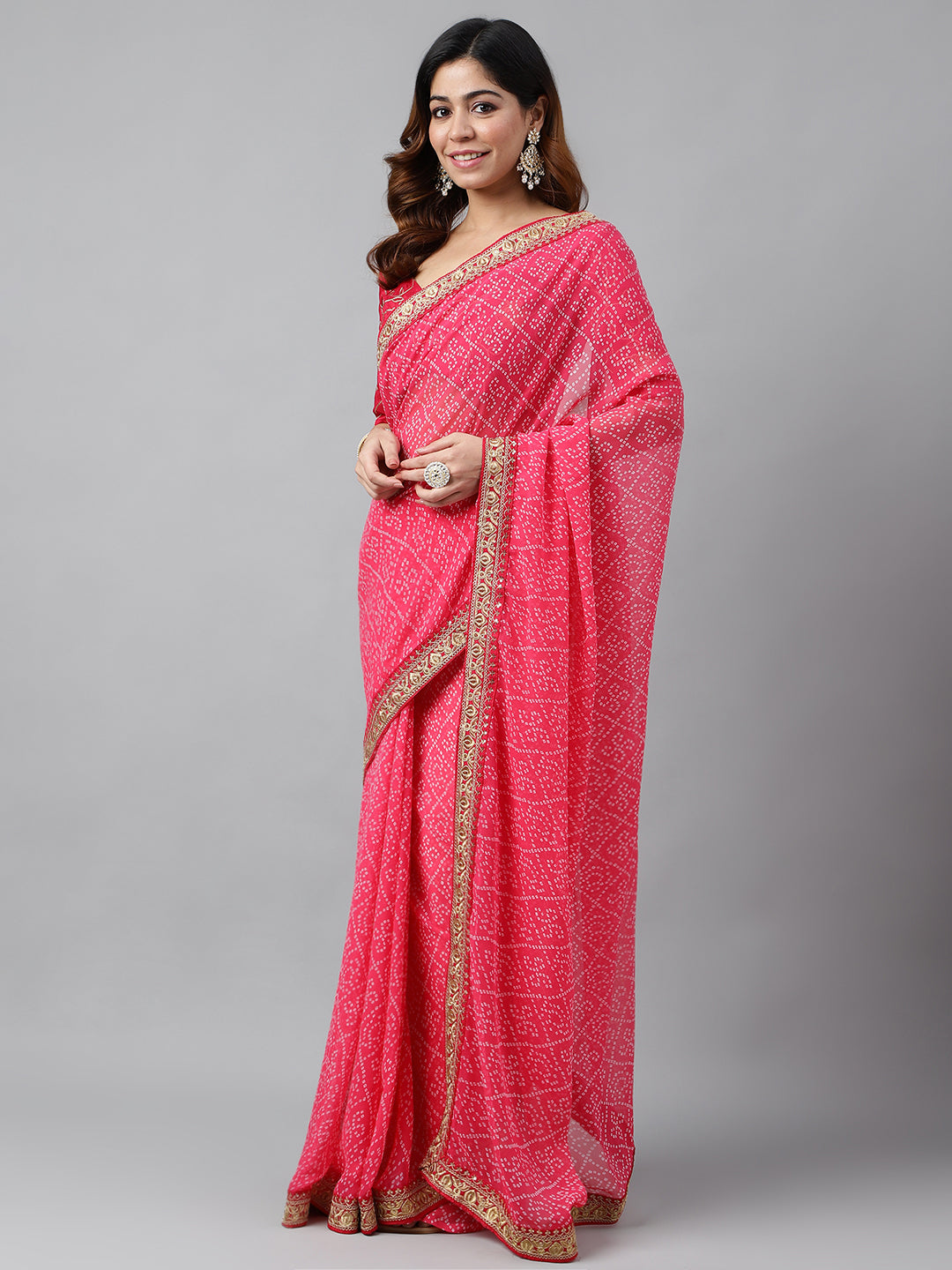 Printed & Embroidery Work In Lace Georgette Pink Bandhani Saree For Women