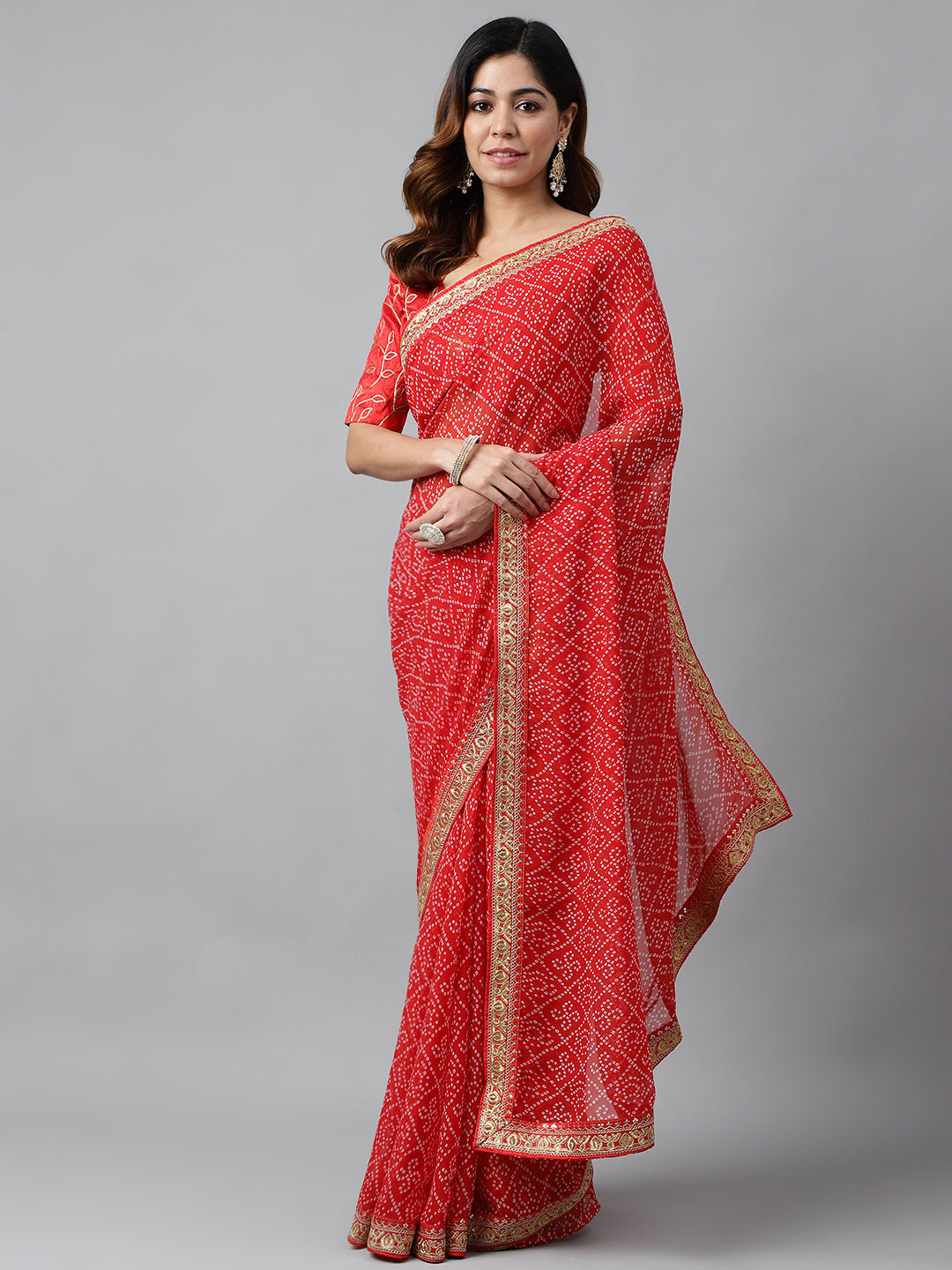 Printed & Embroidery Work In Lace Georgette Red Bandhani Saree For Women