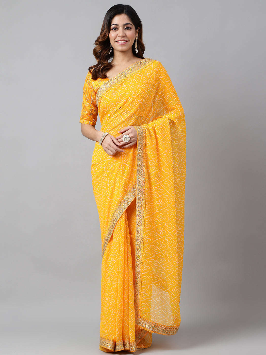 Printed & Embroidery Work In Lace Georgette Mustard Yellow Bandhani Saree For Women