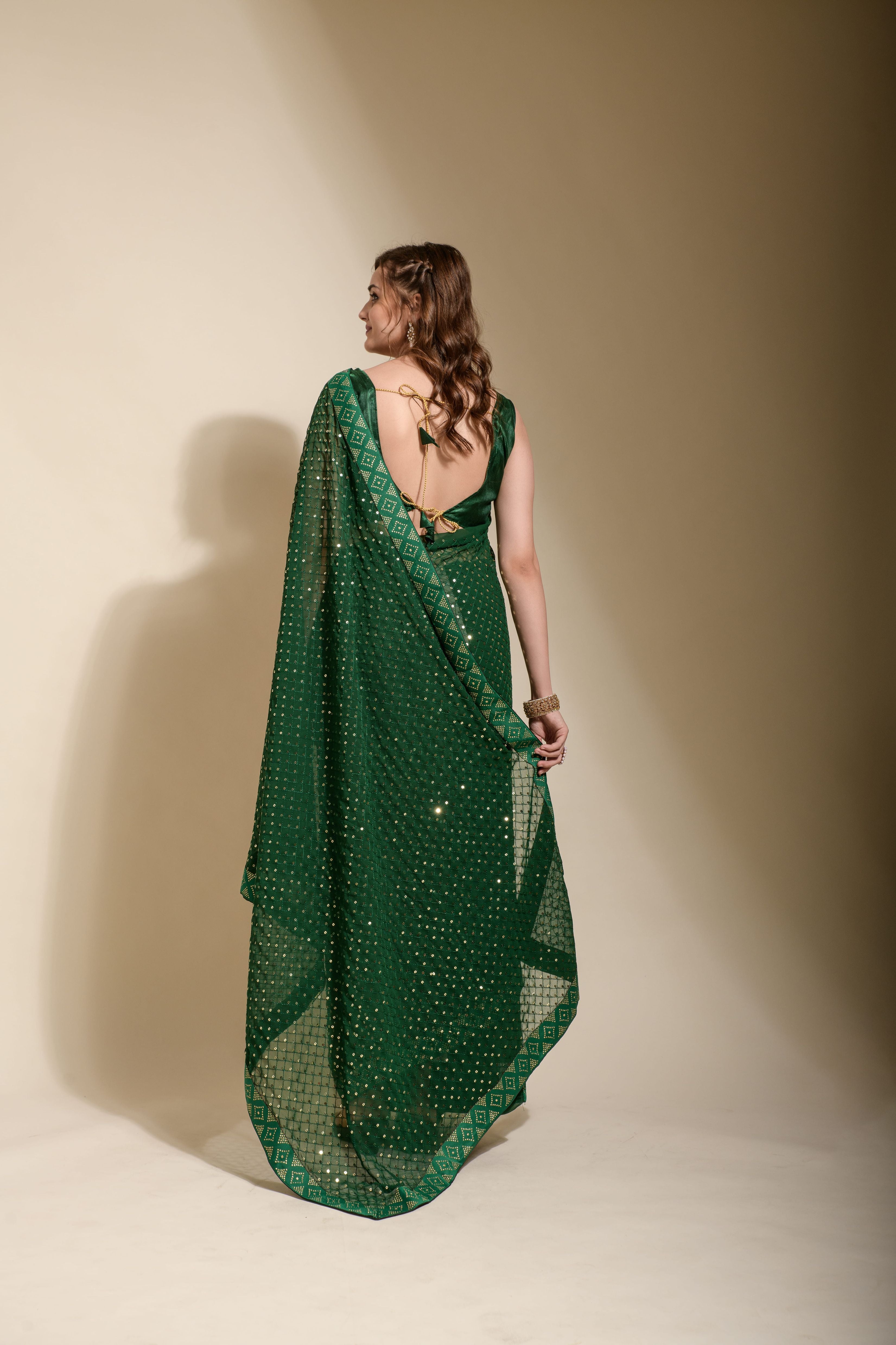 Beautiful Koski Chokdi Sequance Green Saree For Women