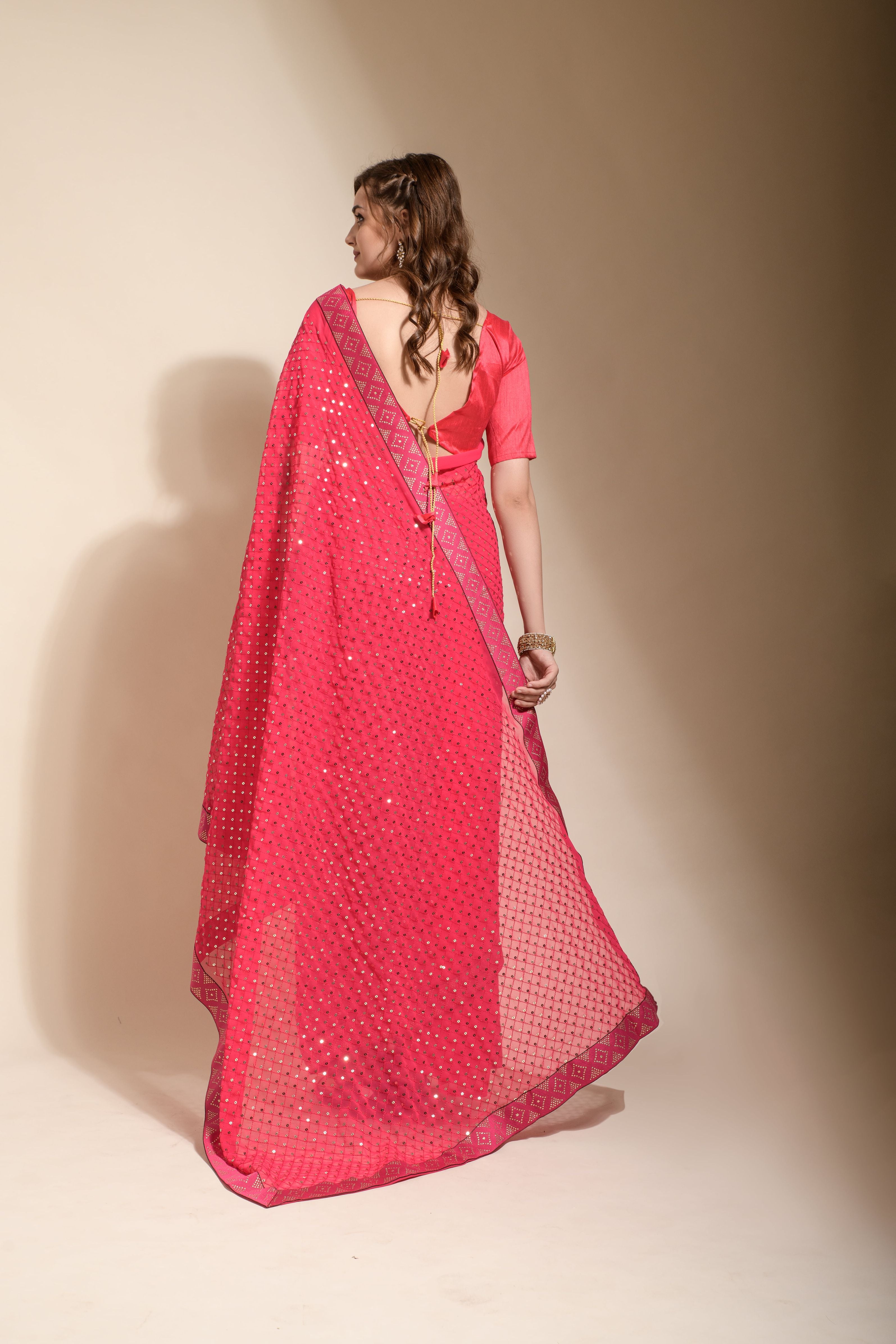 Beautiful Koski Chokdi Sequance Pink Saree For Women