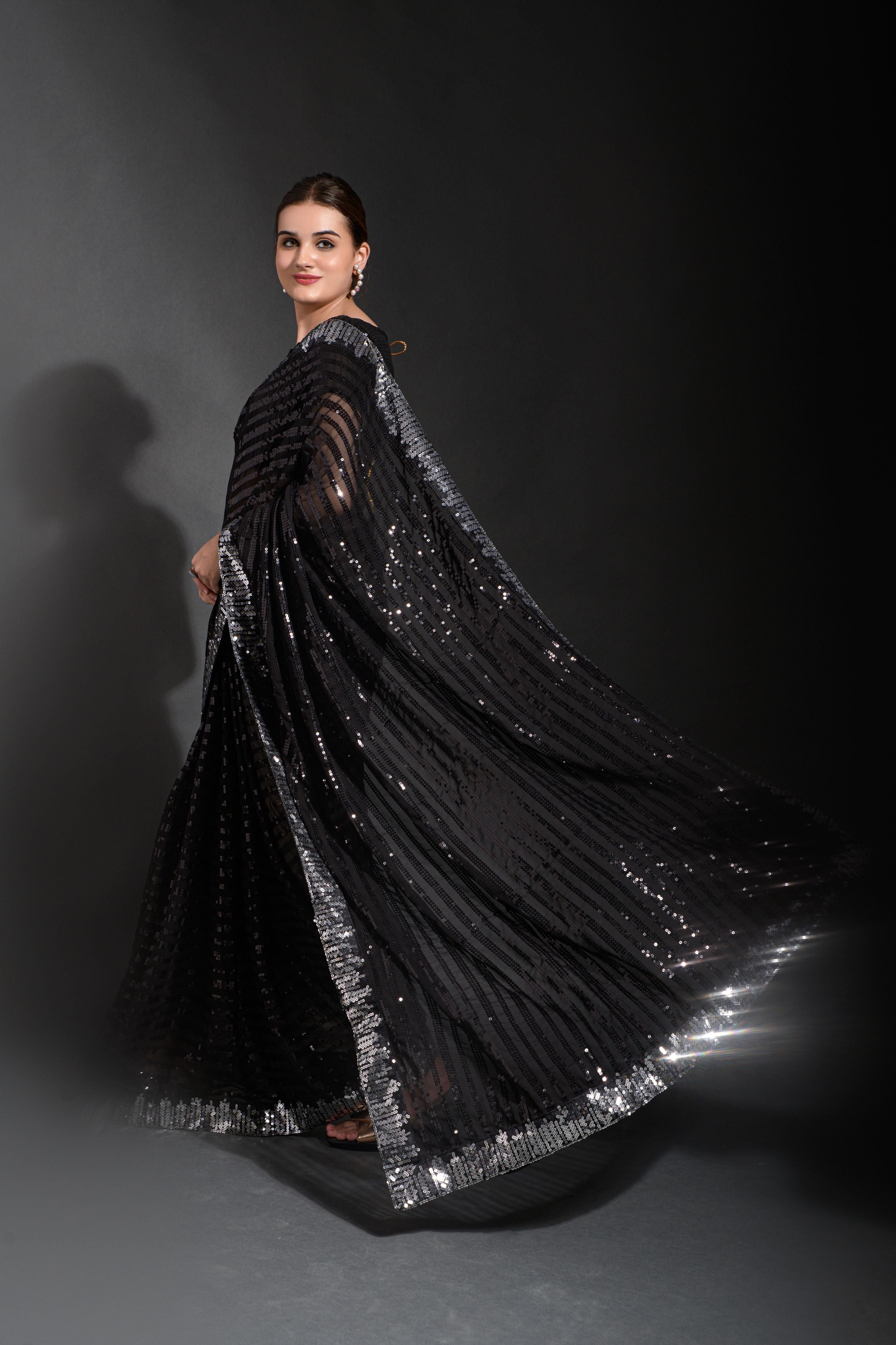 Beautiful Black Sequence Embroidery Work in double run viscous thread with sequins work lace border Saree