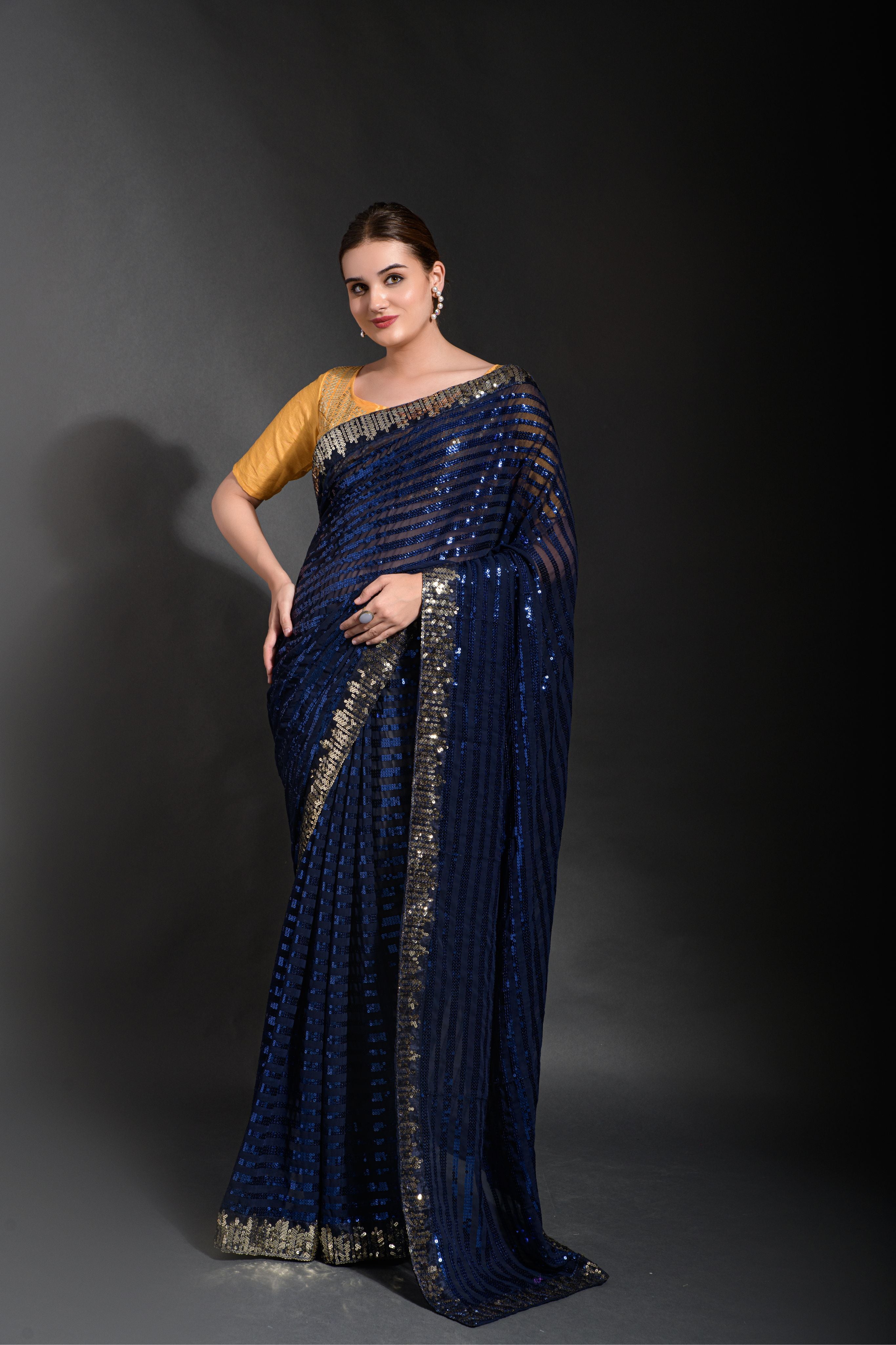 Beautiful Blue Sequence Embroidery Work in double run viscous thread with sequins work lace border Saree