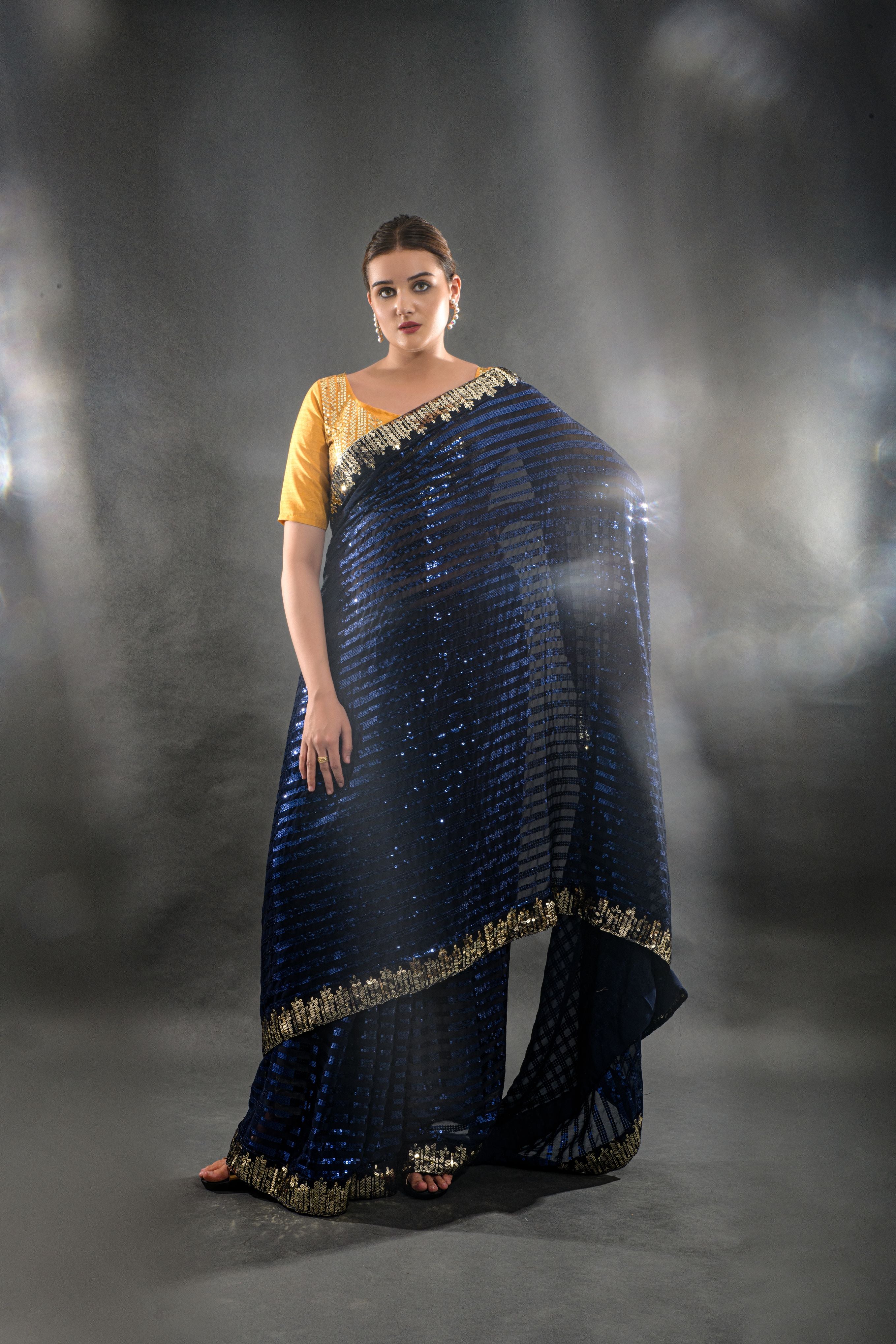 Beautiful Blue Sequence Embroidery Work in double run viscous thread with sequins work lace border Saree
