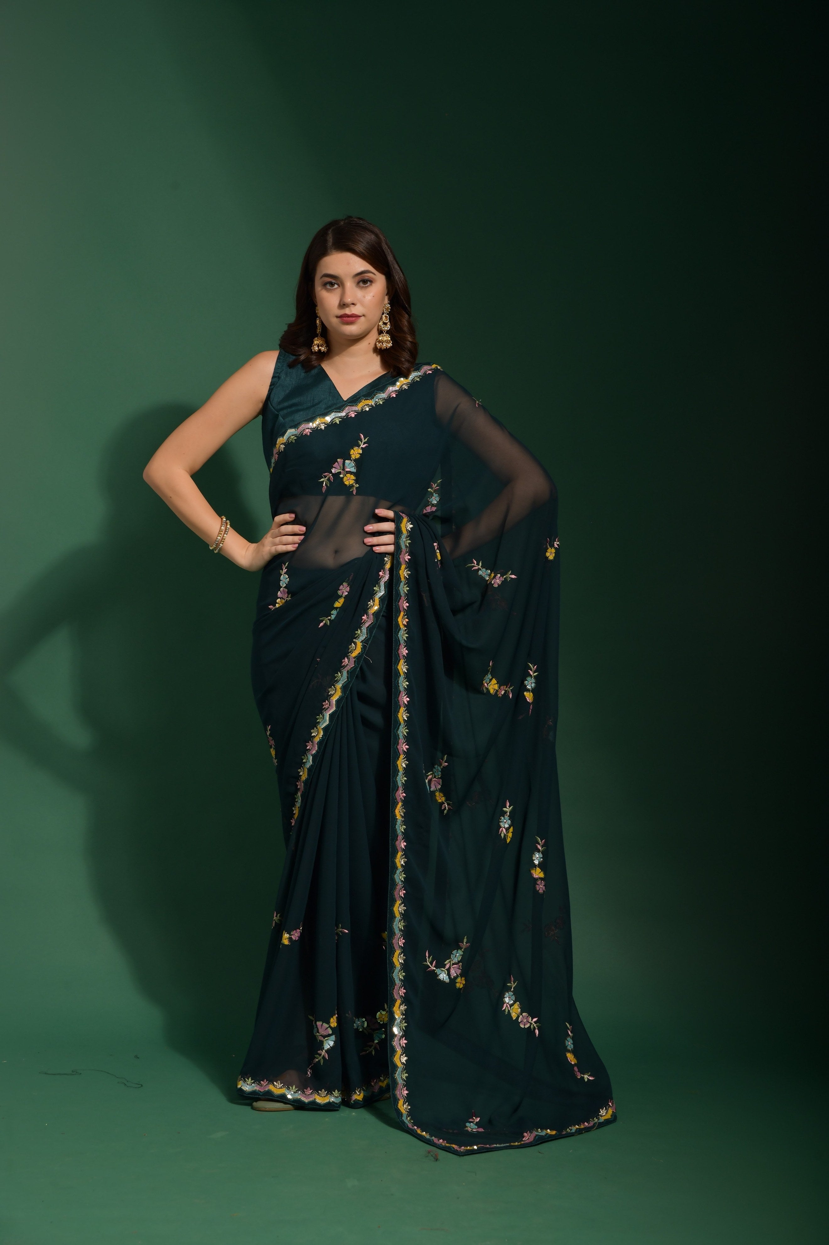 Beautiful Teal Blue Multi Colour 4 type sequin Zigzag patta work with back patch piping border Saree For Women