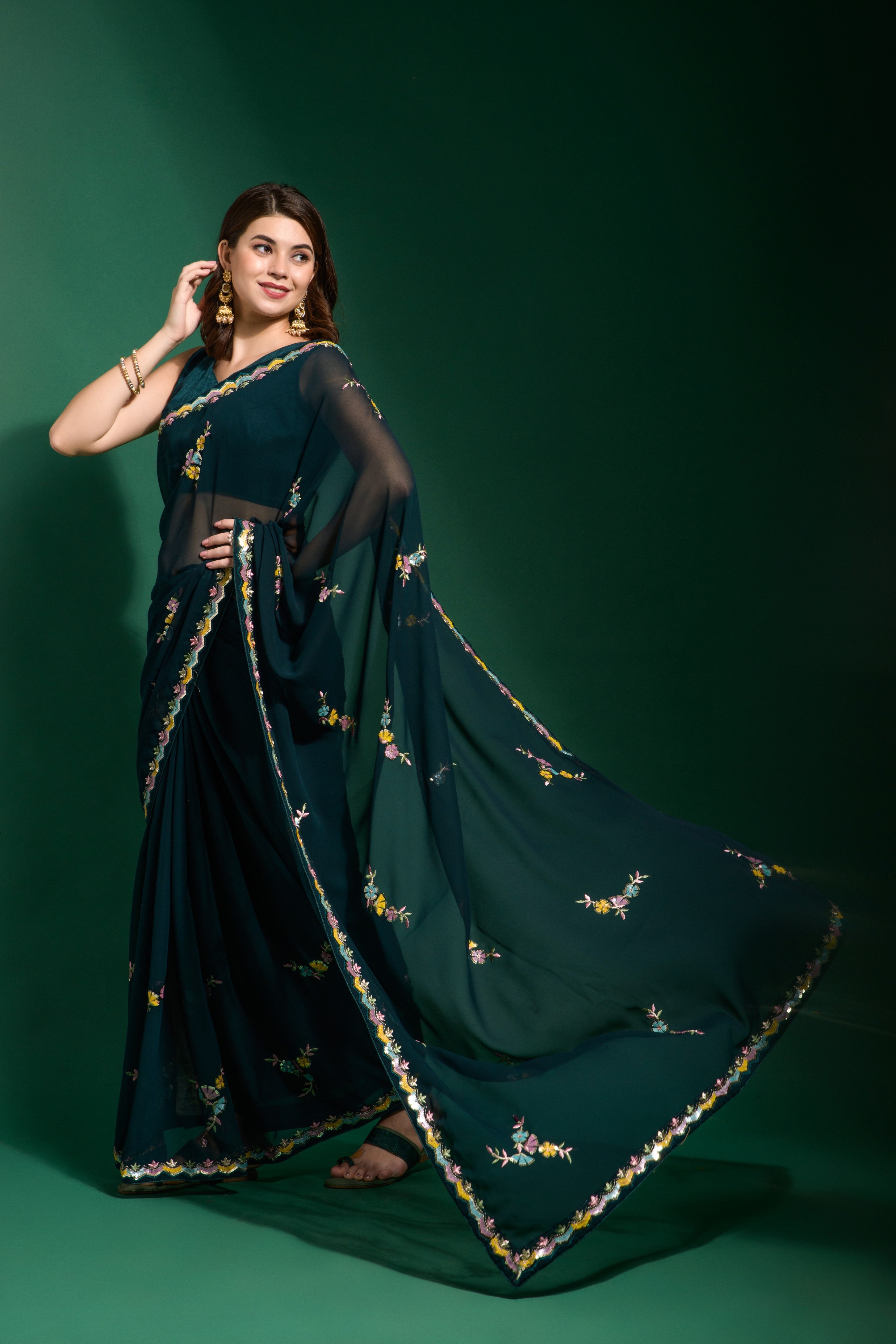 Beautiful Teal Blue Multi Colour 4 type sequin Zigzag patta work with back patch piping border Saree For Women