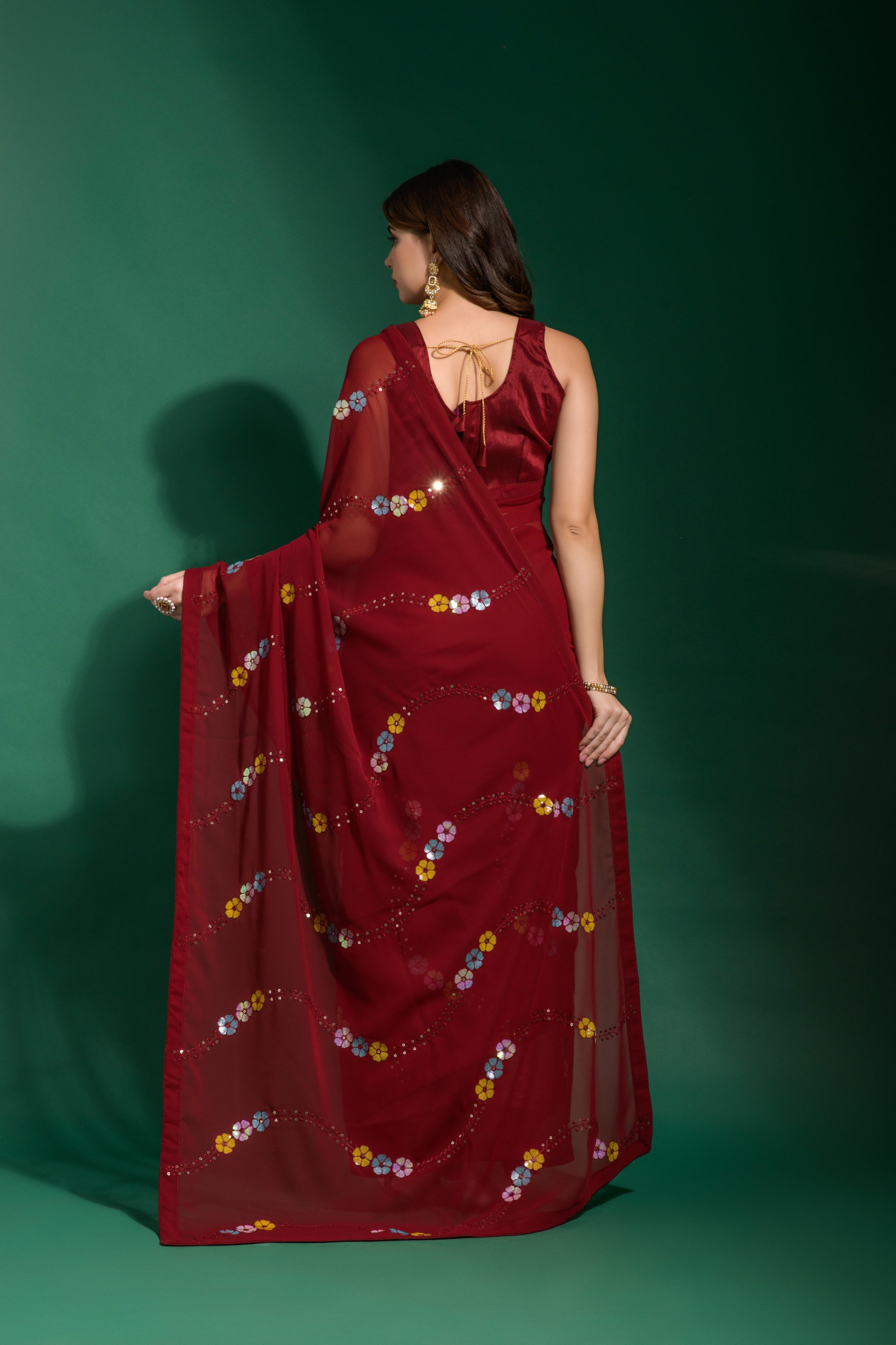Beautiful Maroon Multi Colour 4 type sequin Flower Gotta work with back patch piping border Saree For Women