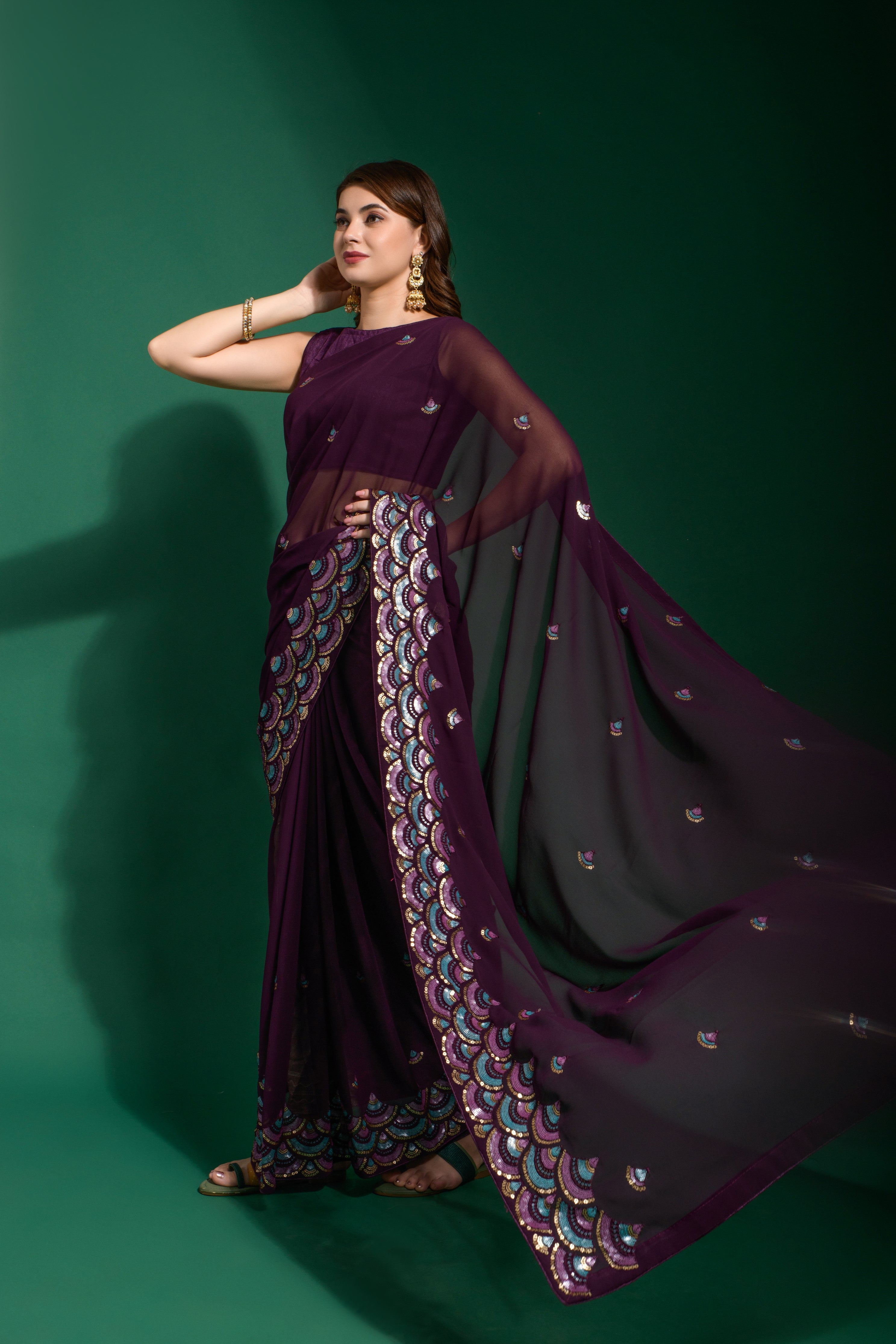 Beautiful Wine multi Colour 4 type sequin flower work with back patch piping border Saree For Women