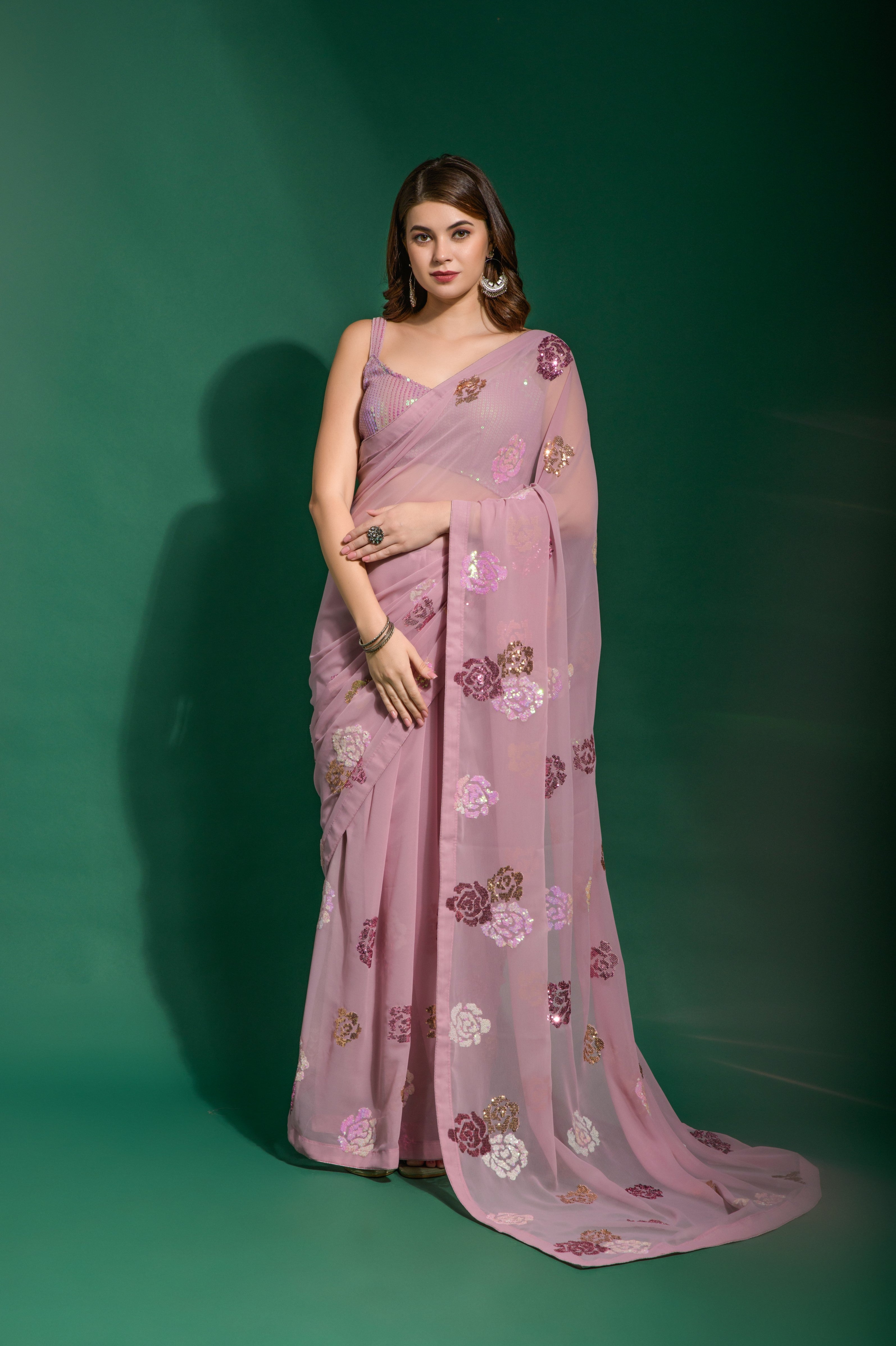 Beautiful Pink multi Colour 4 type sequin flower work with back patch piping border Saree For Women